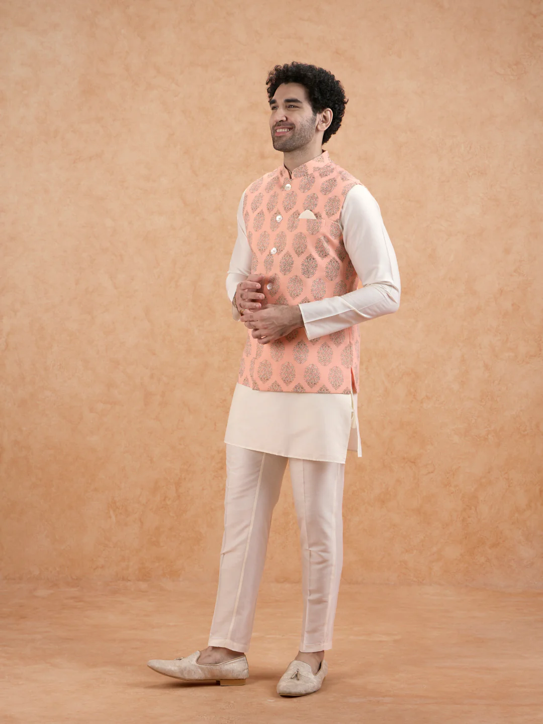 Peach Brocade Jacket Kurta Set - Image 3