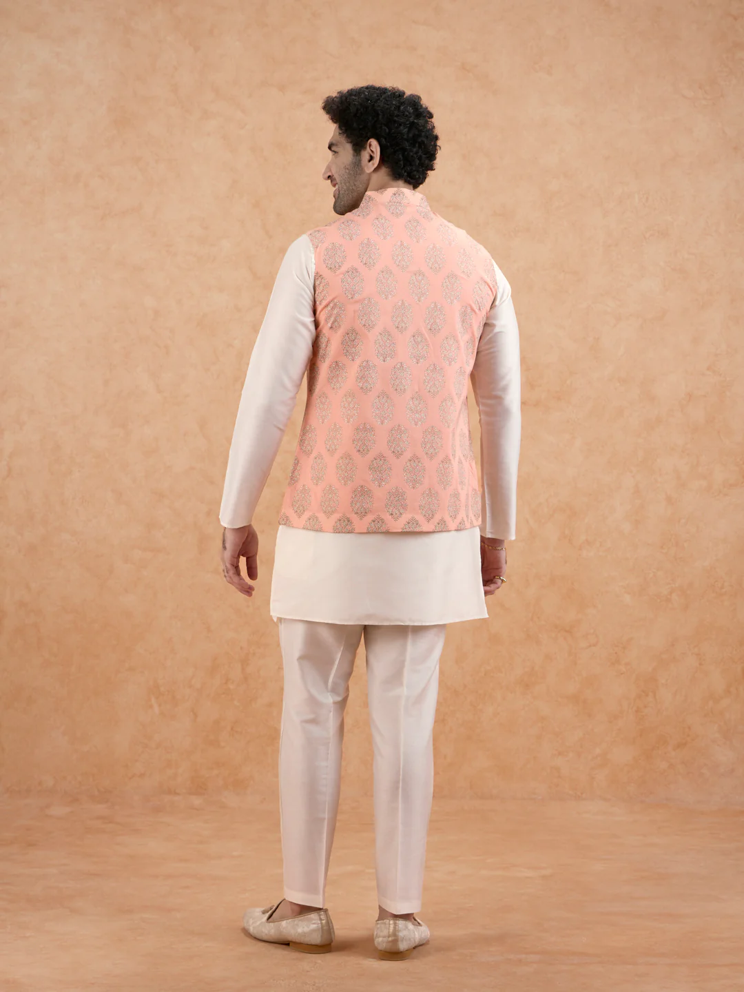 Peach Brocade Jacket Kurta Set - Image 4