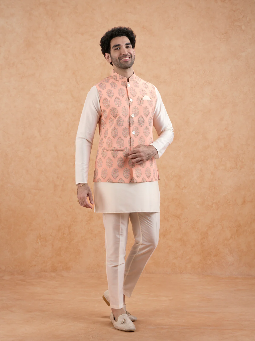 Peach Brocade Jacket Kurta Set - Image 8
