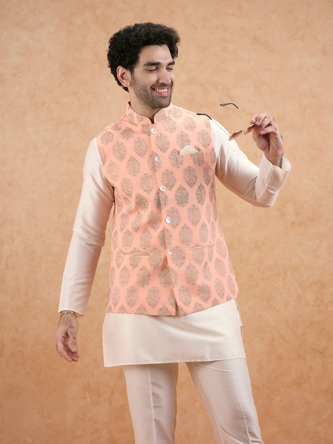 Peach Brocade Jacket Kurta Set - Image 9