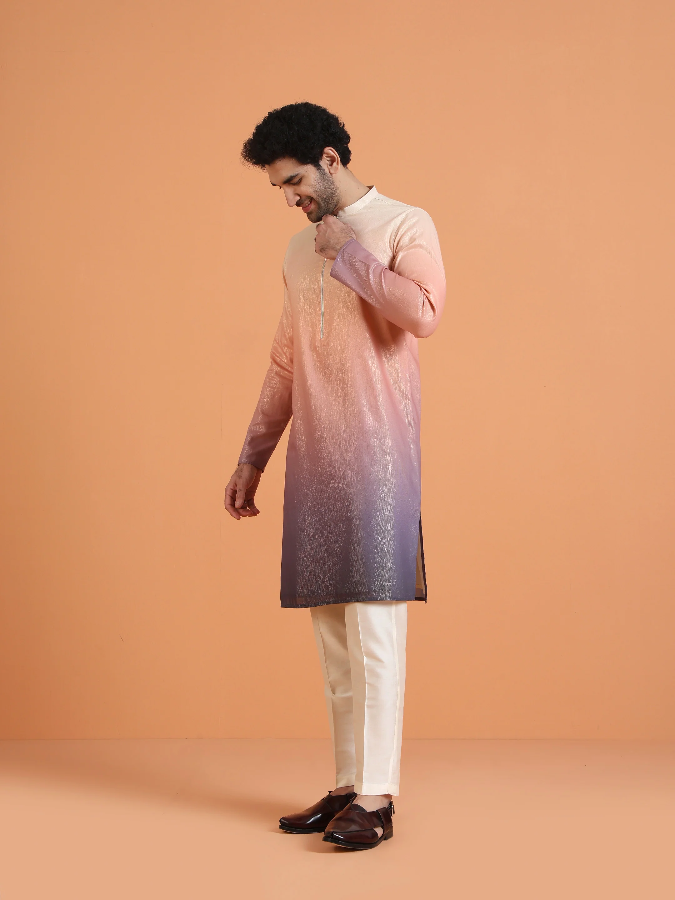 Peach Ombre Cotton Silk Zipped Kurta - Image 2