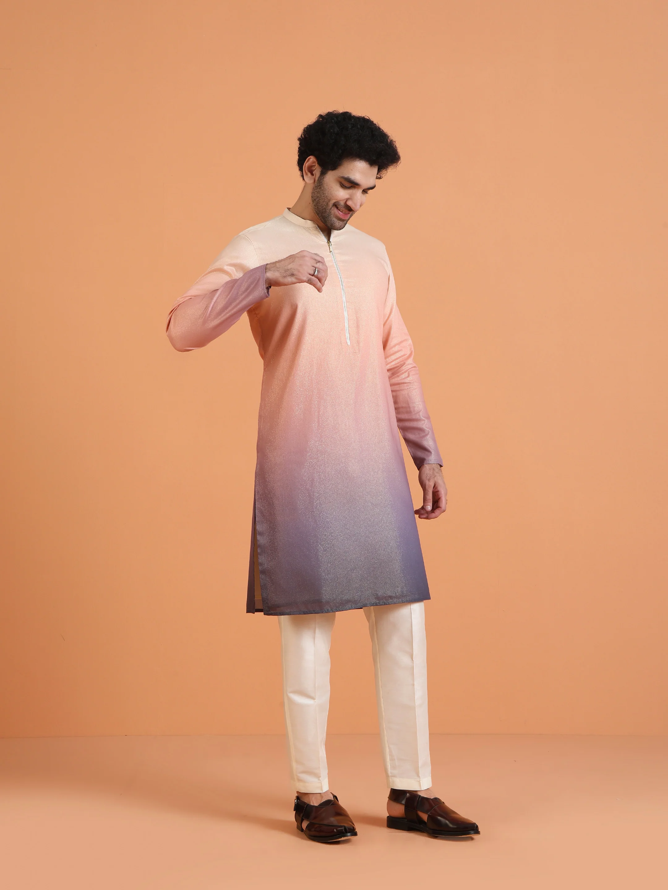 Peach Ombre Cotton Silk Zipped Kurta - Image 3