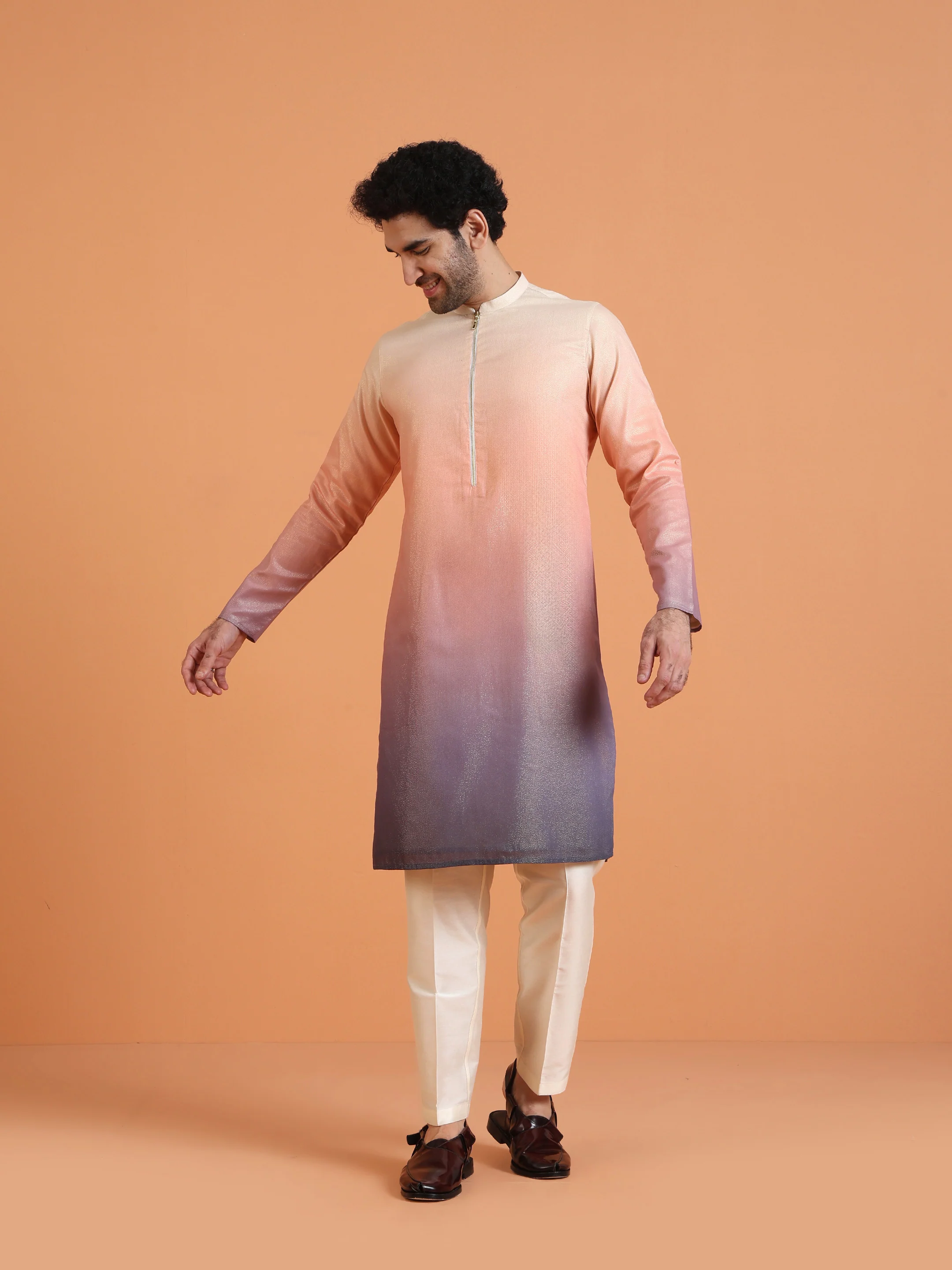 Peach Ombre Cotton Silk Zipped Kurta - Image 6