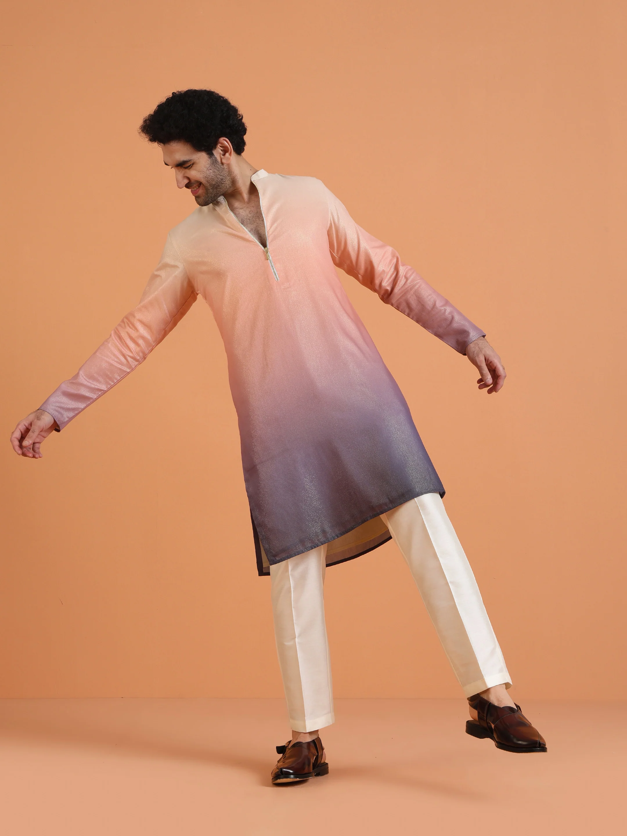 Peach Ombre Cotton Silk Zipped Kurta - Image 7