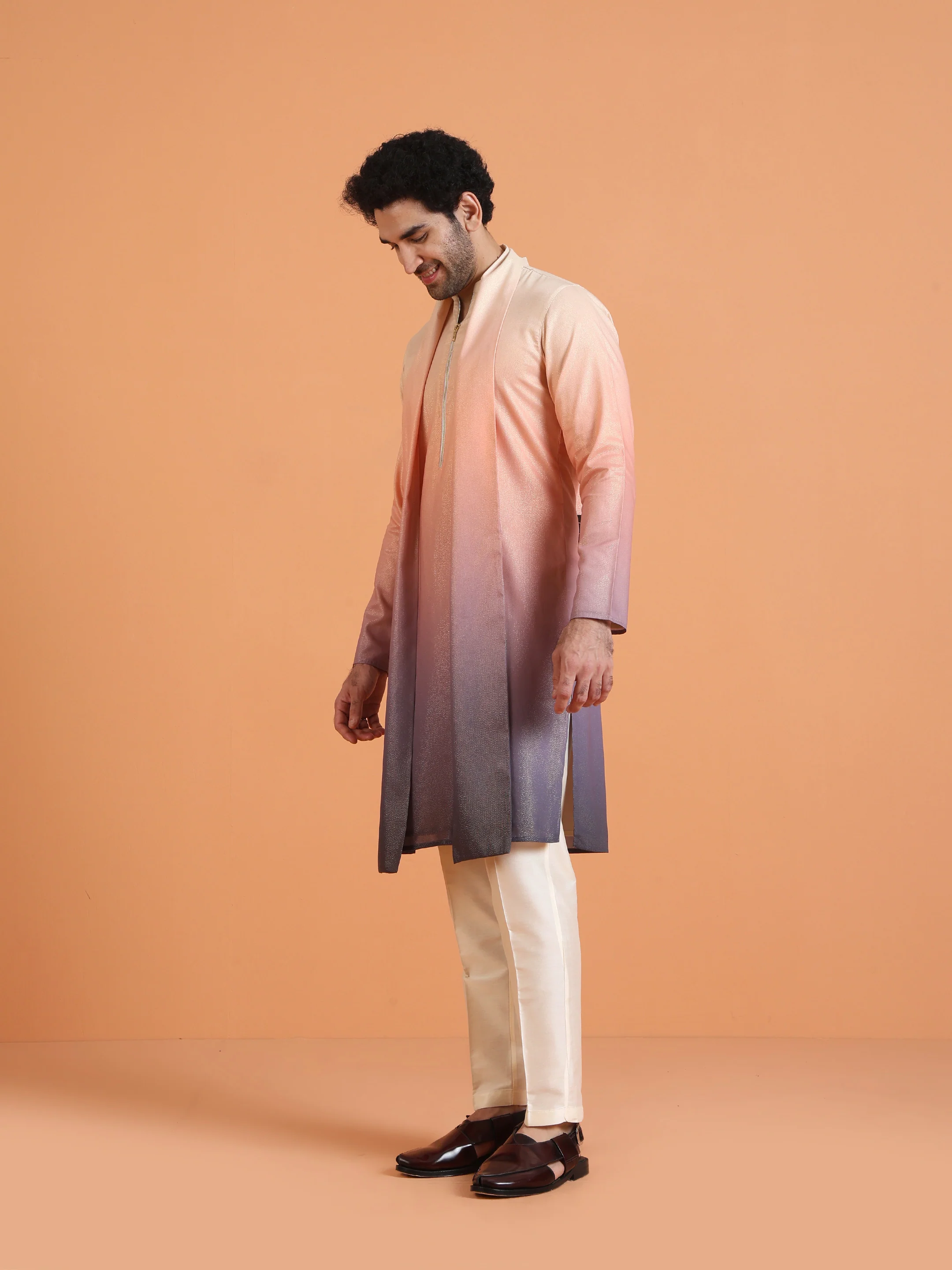 Peach Purple Ombre Satin Metallic Kurta Trouser Dupatta - Image 3