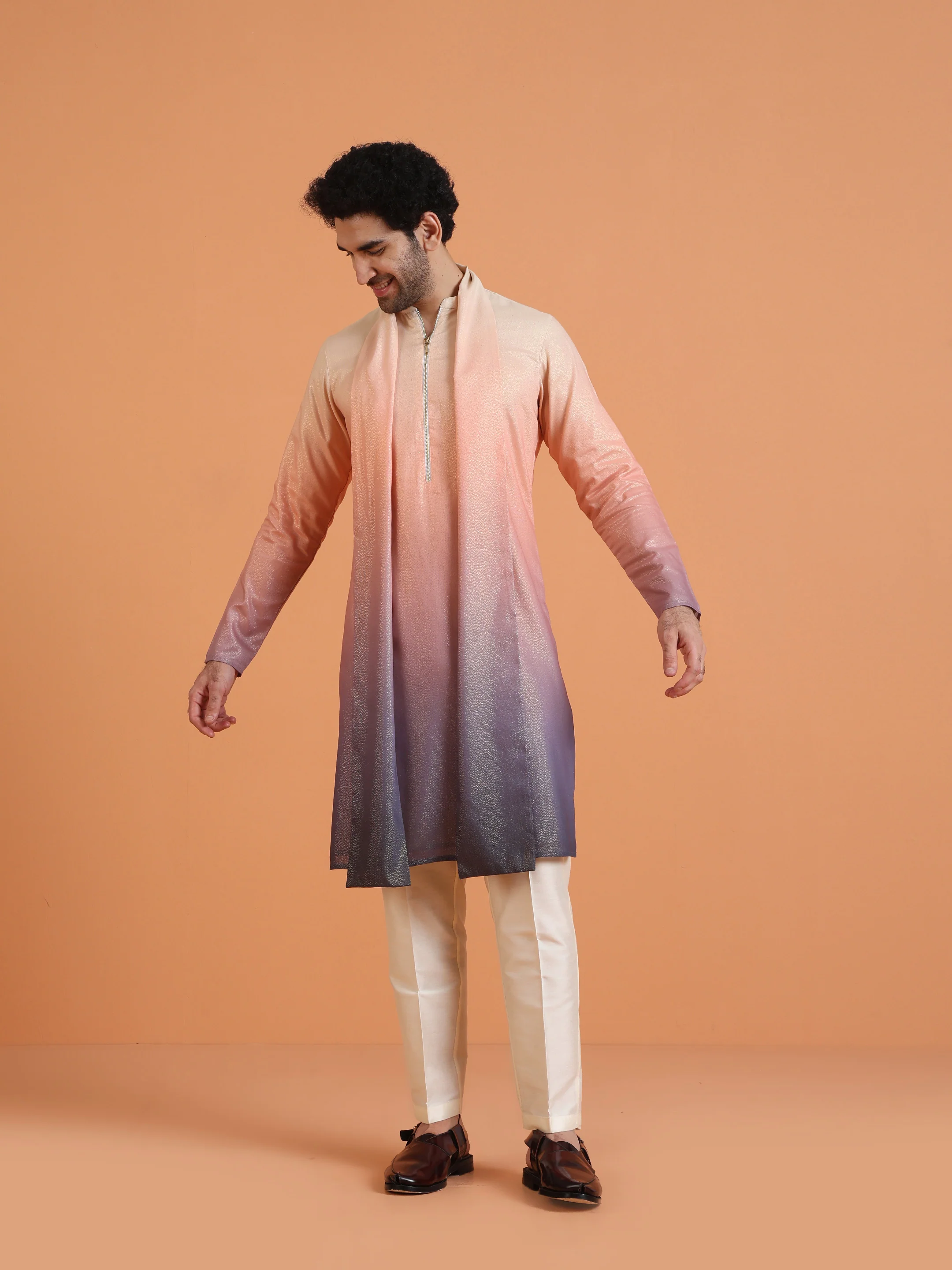Peach Purple Ombre Satin Metallic Kurta Trouser Dupatta - Image 7