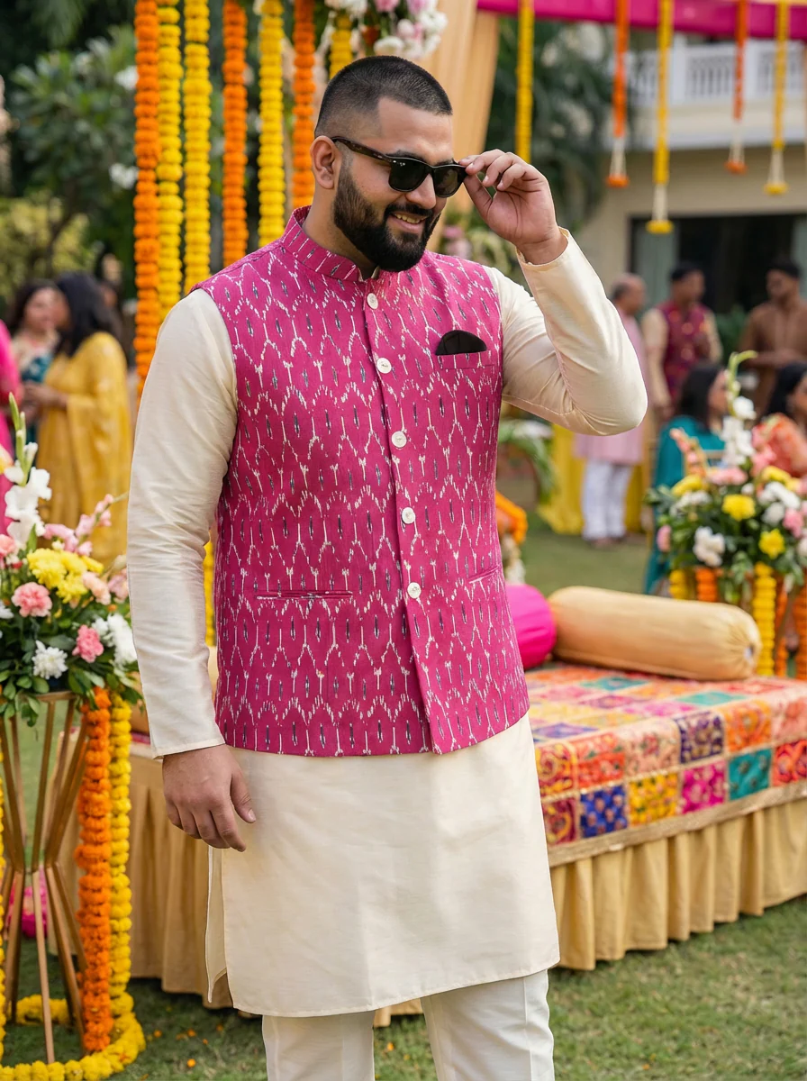 Pink Cotton Silk Ikat Printed Nehru Jacket