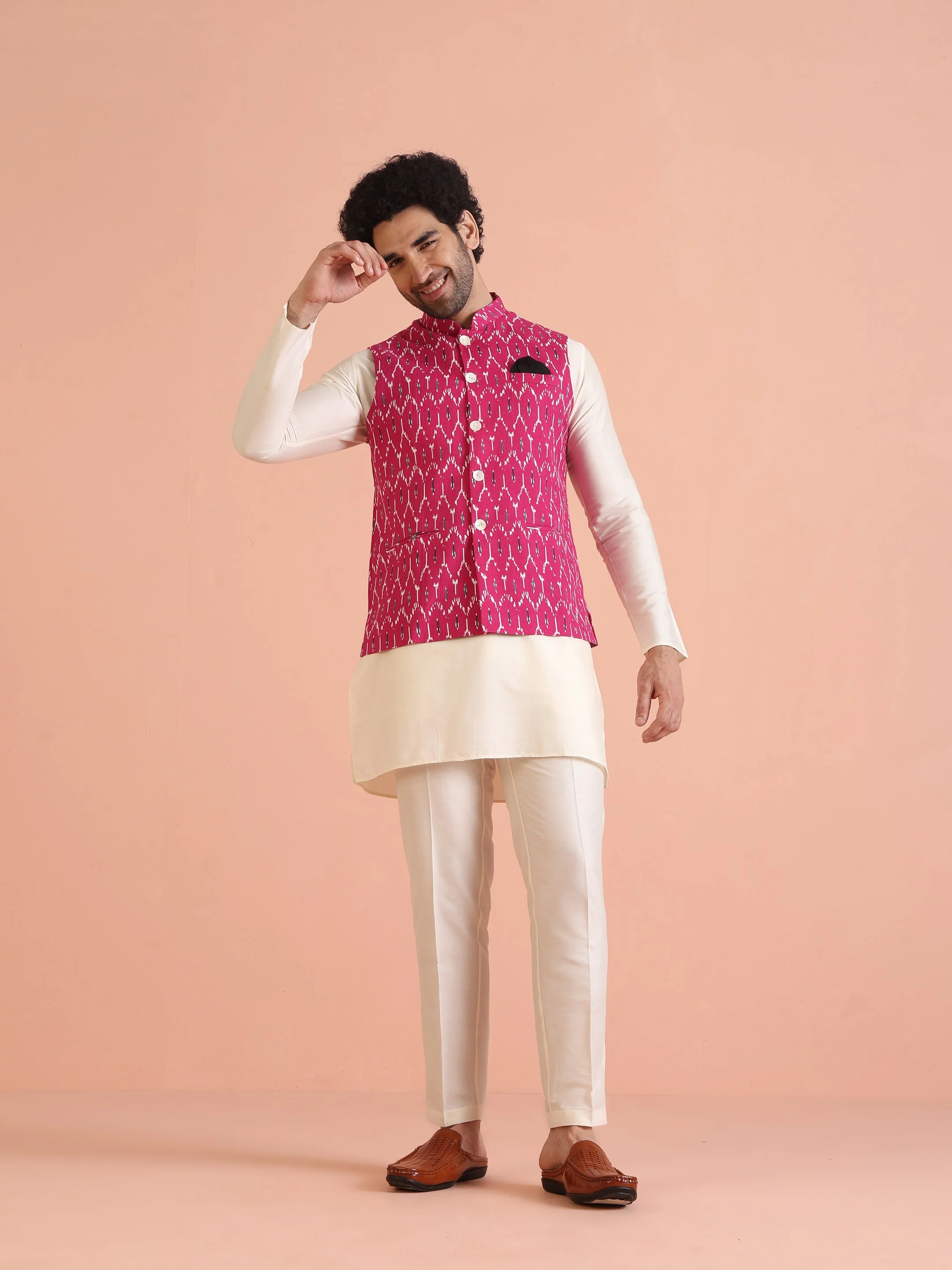 Pink Cotton Silk Ikat Printed Nehru Jacket - Image 8