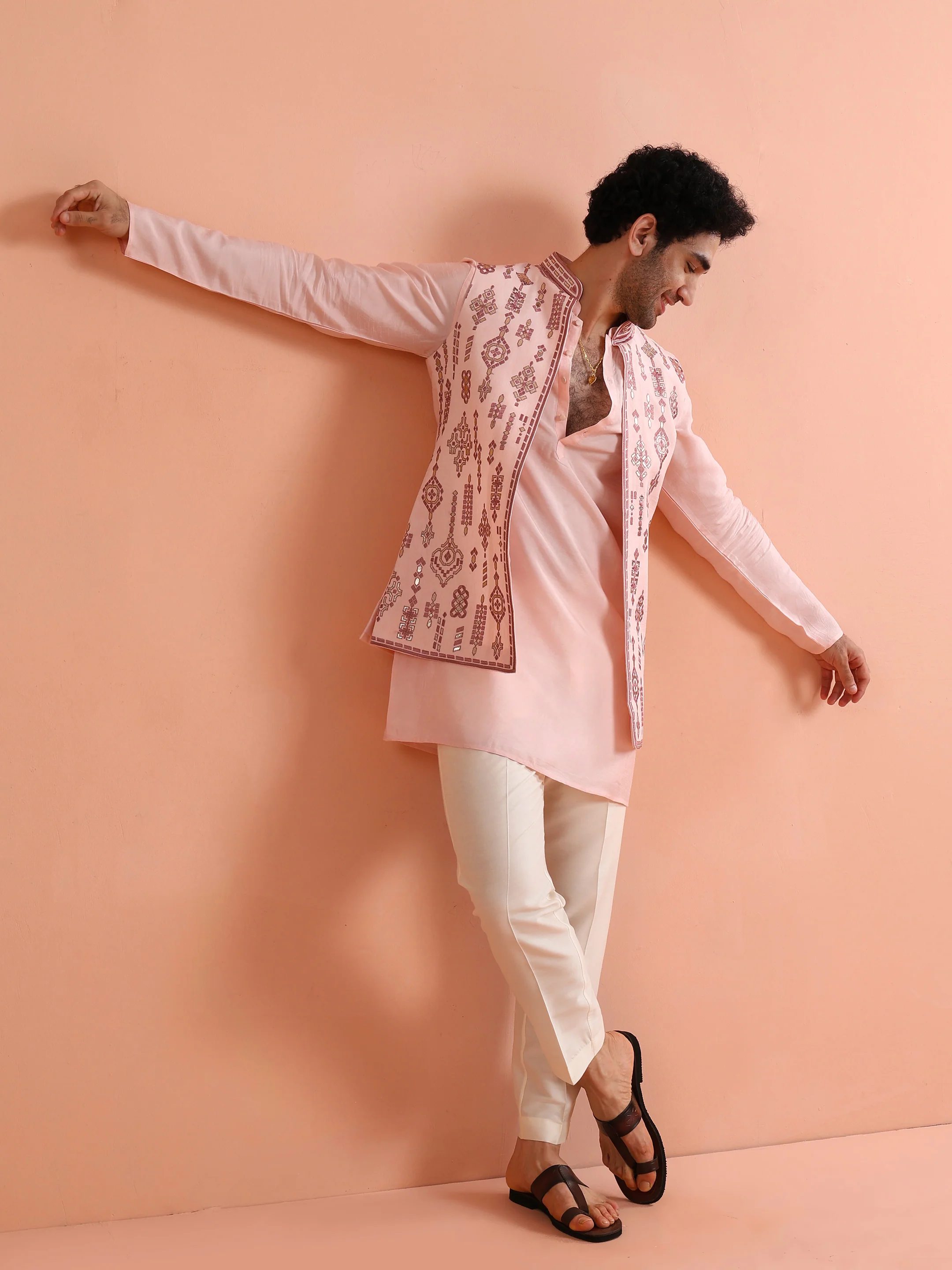 Pink Embroidered Jacket Kurta Set