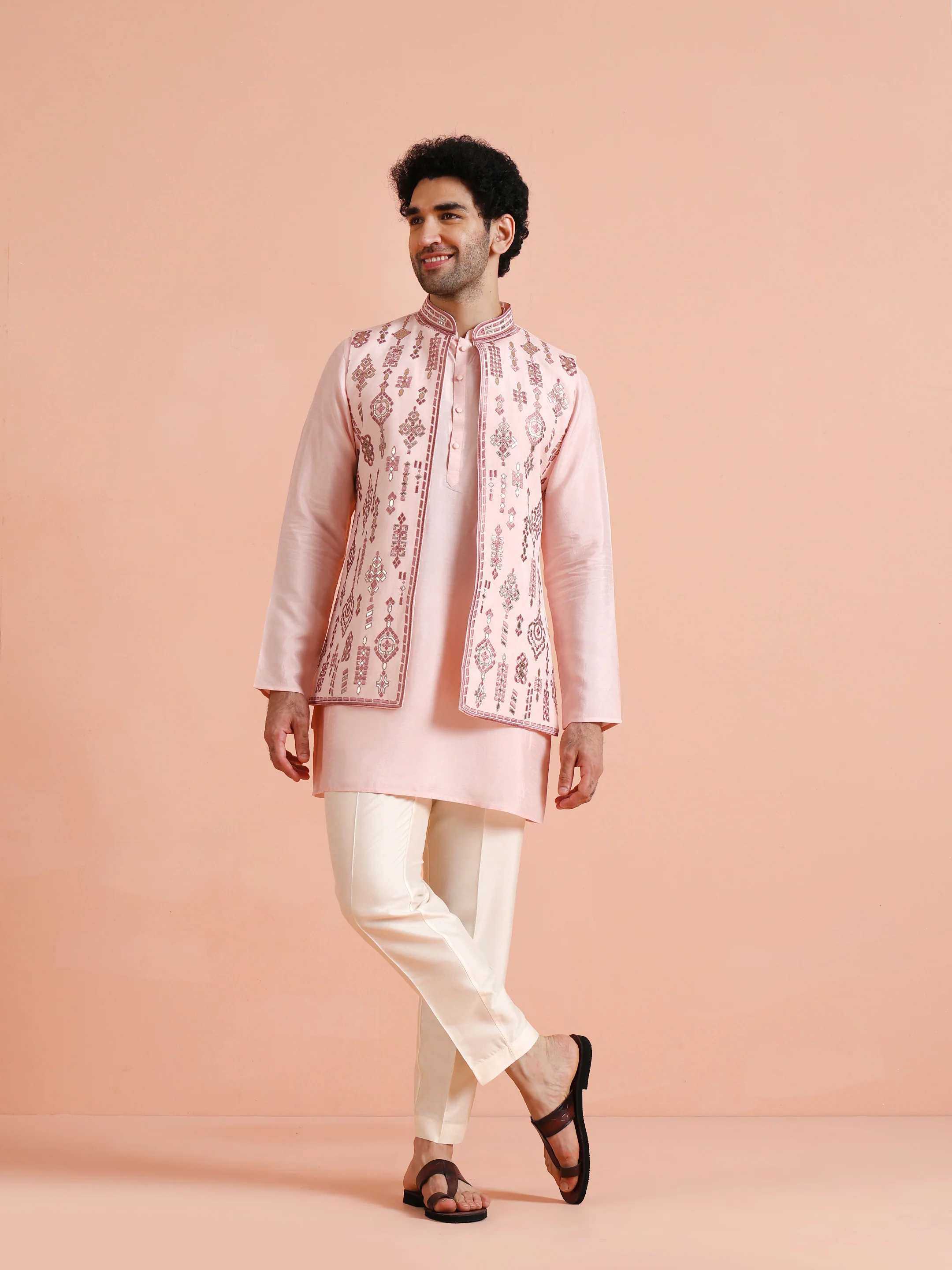 Pink Embroidered Jacket Kurta Set - Image 2
