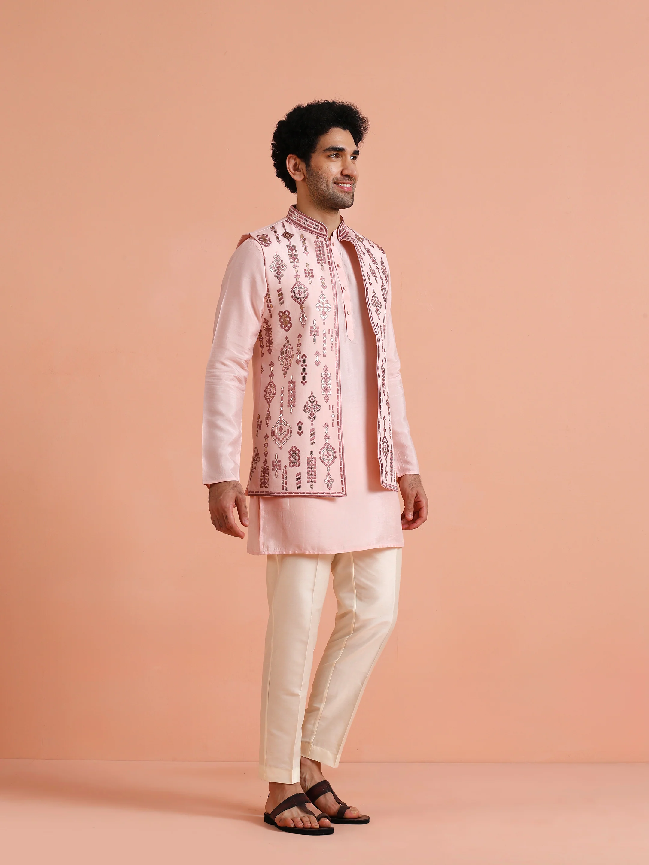 Pink Embroidered Jacket Kurta Set - Image 3