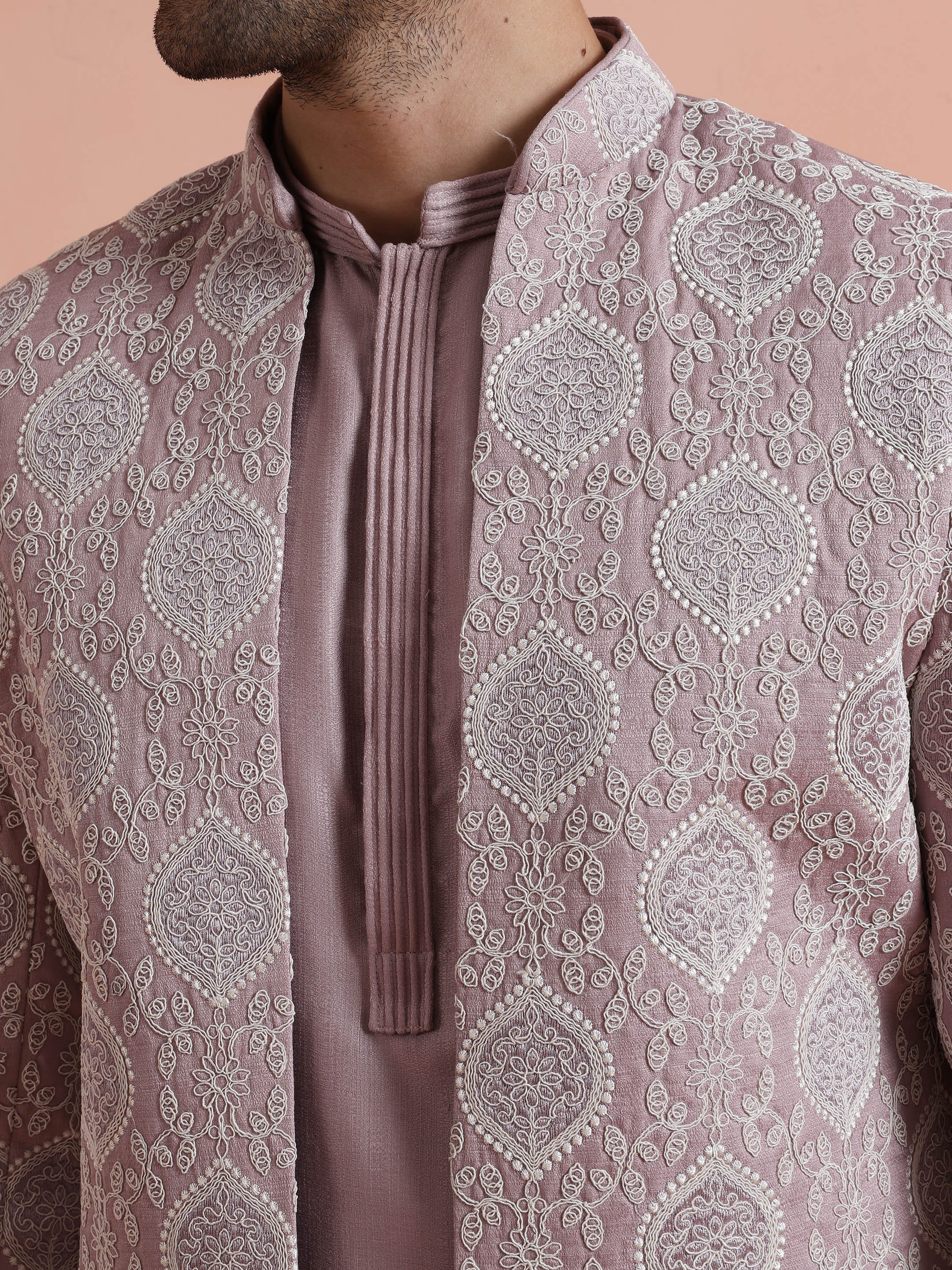 Mauve Jacquard Sherwani Trouser Set - Image 5