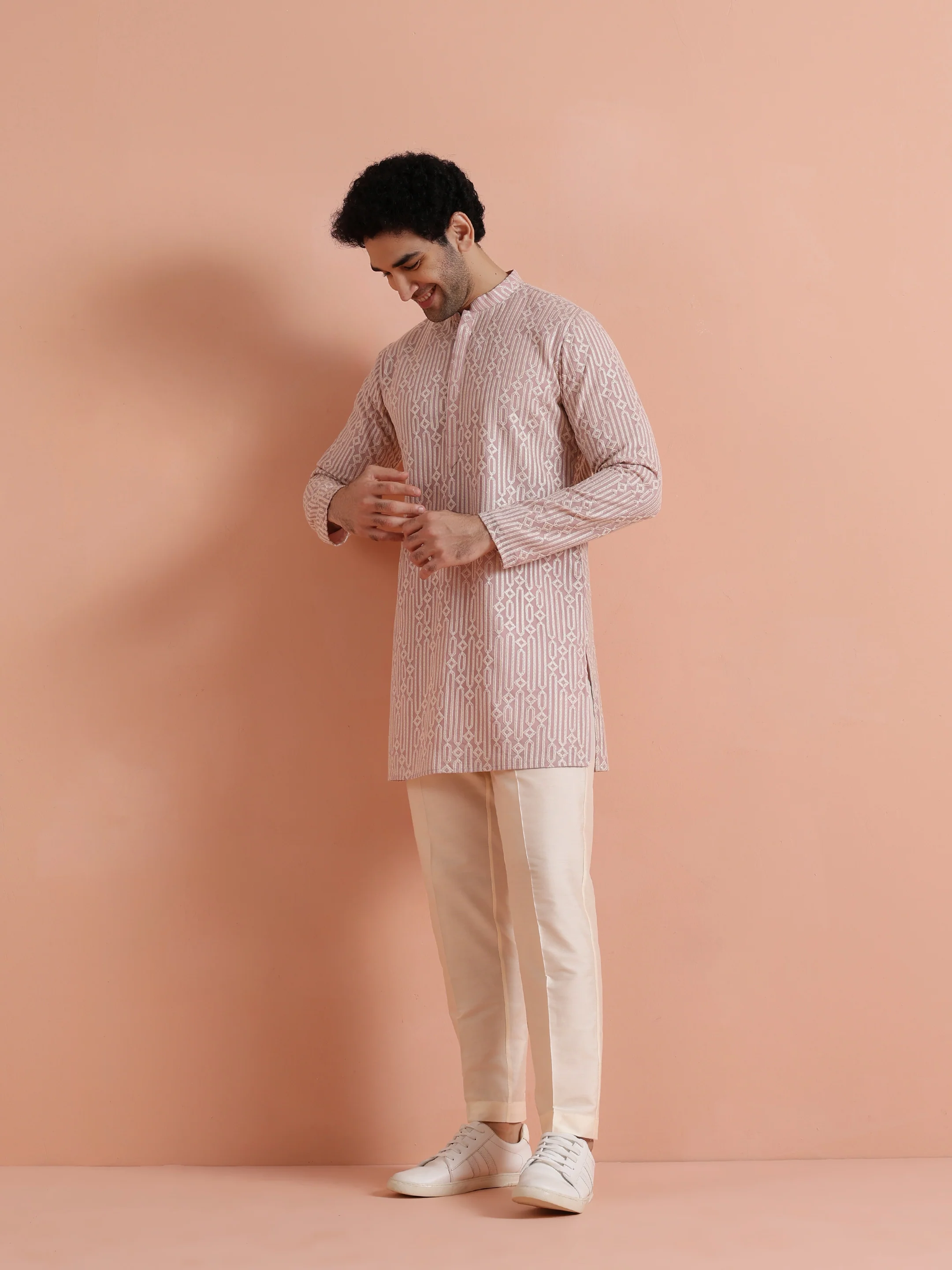 Pink Embroidered Mid Kurta Trouser Set - Image 3