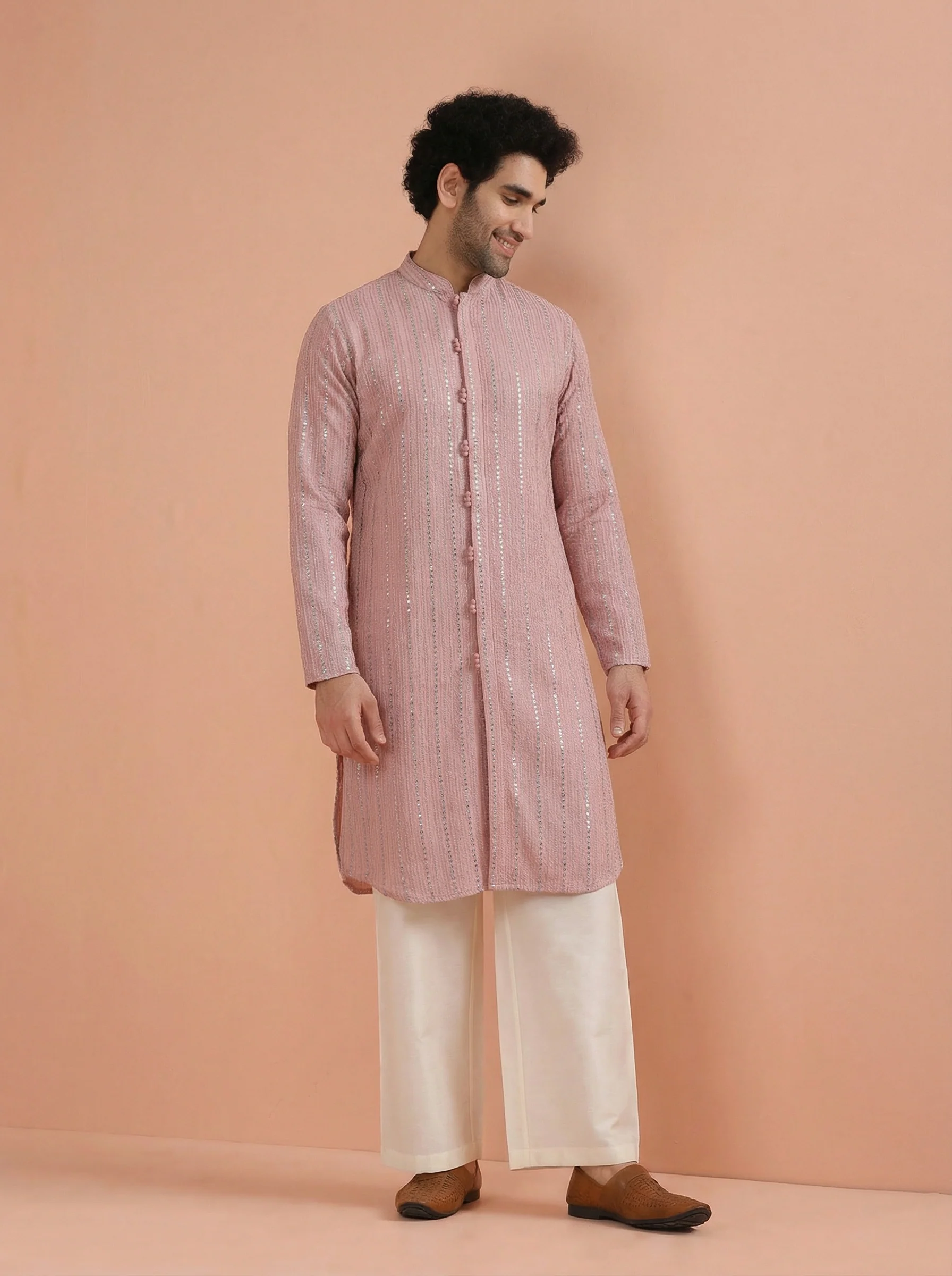 Pink Georgette Embroidered Front Open Kurta Wide Leg Pant Set - Image 5