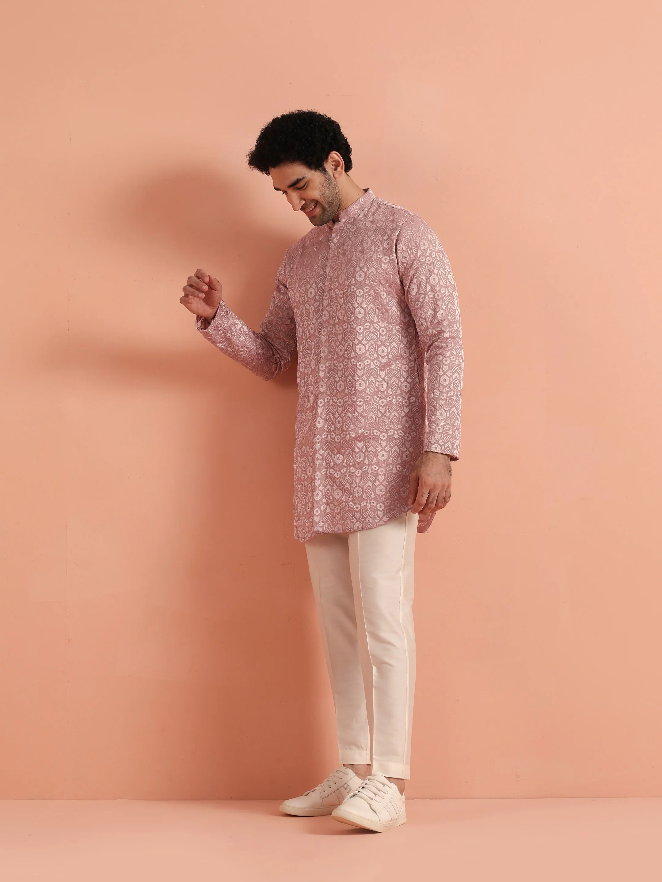 Pink Jacquard Silk Blend Kurta Trouser Set - Image 2