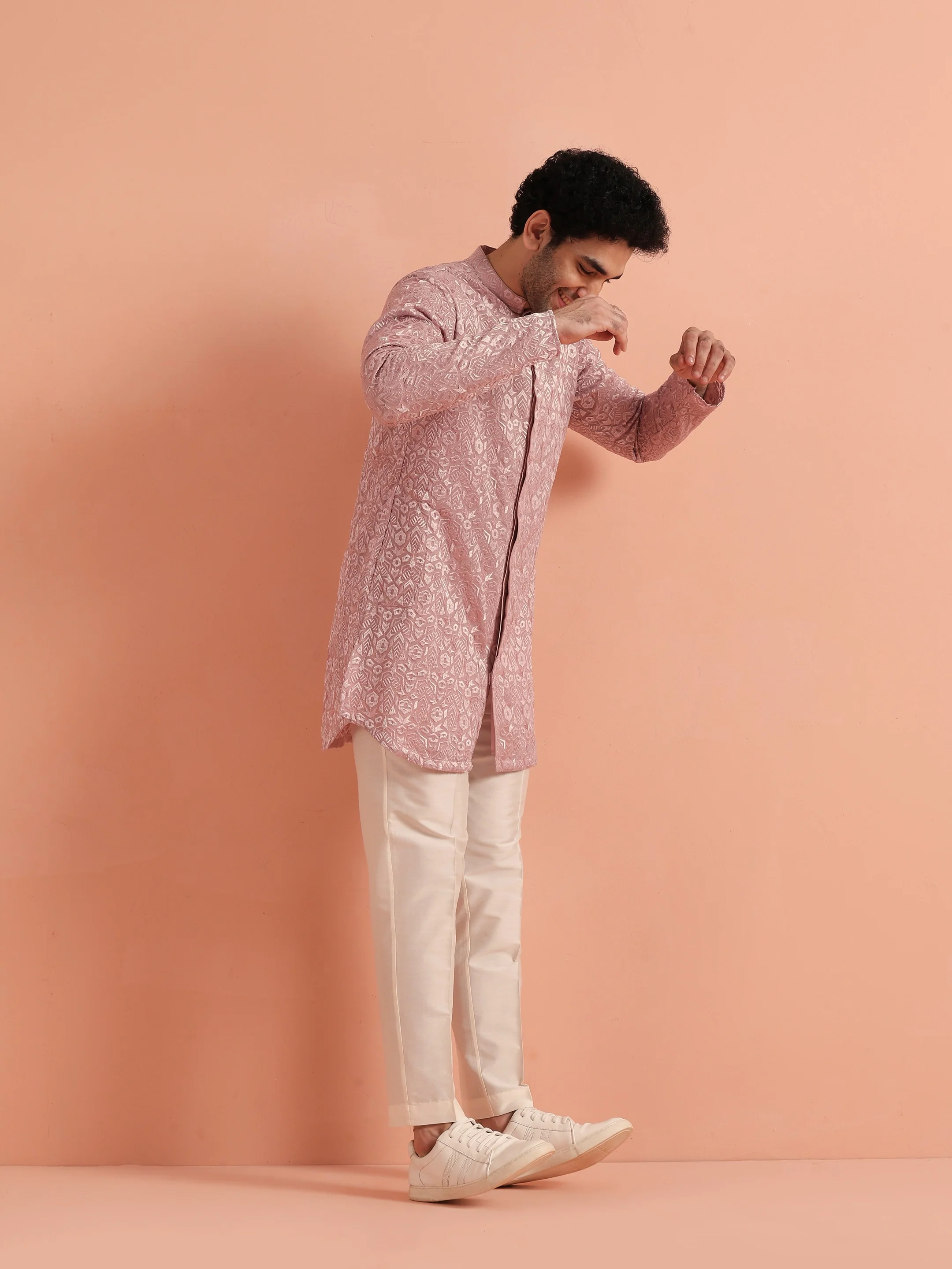Pink Jacquard Silk Blend Kurta Trouser Set - Image 3