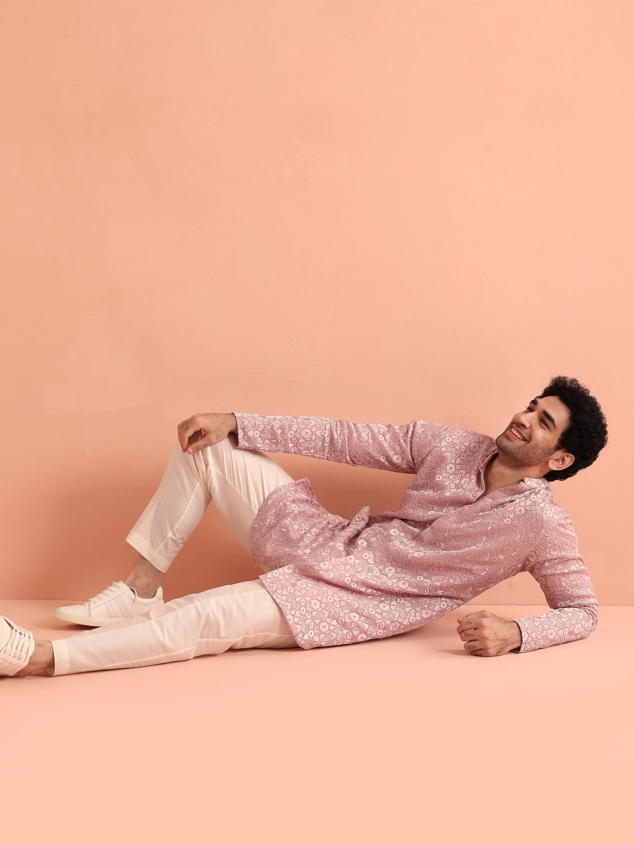 Pink Jacquard Silk Blend Kurta Trouser Set - Image 9