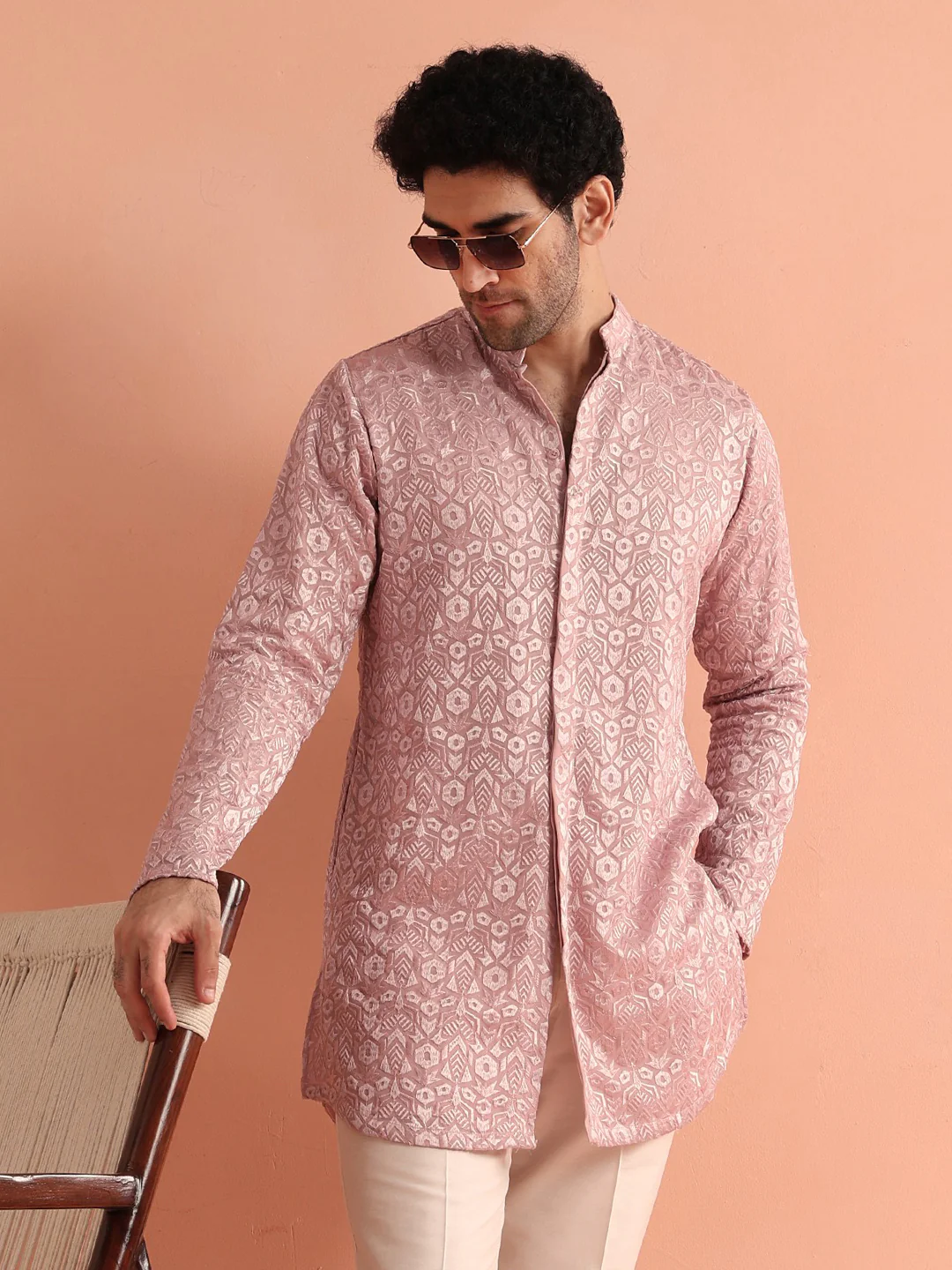 Pink Jacquard Silk Blend Mid Kurta