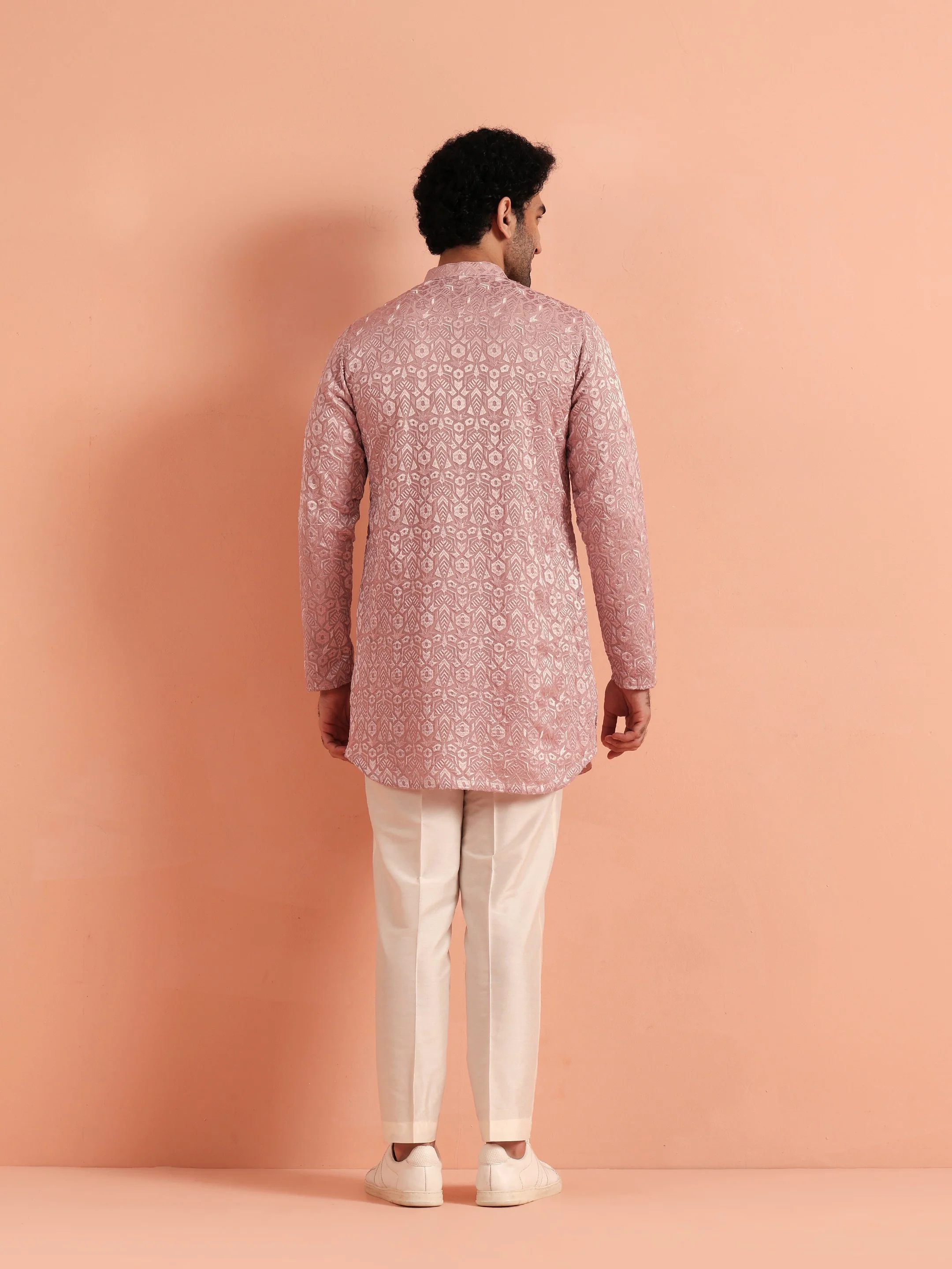 Pink Jacquard Silk Blend Mid Kurta - Image 4