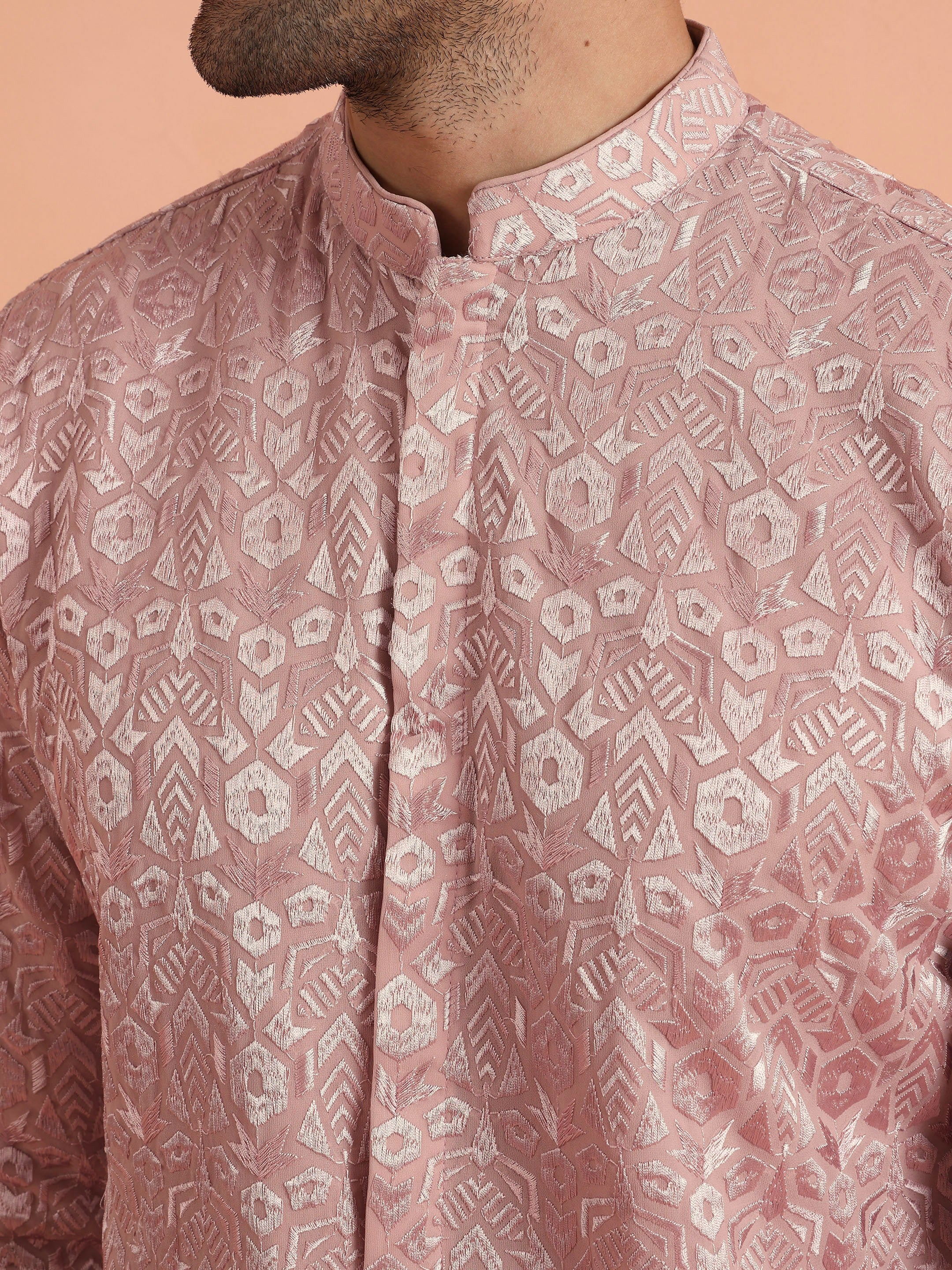 Pink Jacquard Silk Blend Mid Kurta - Image 5