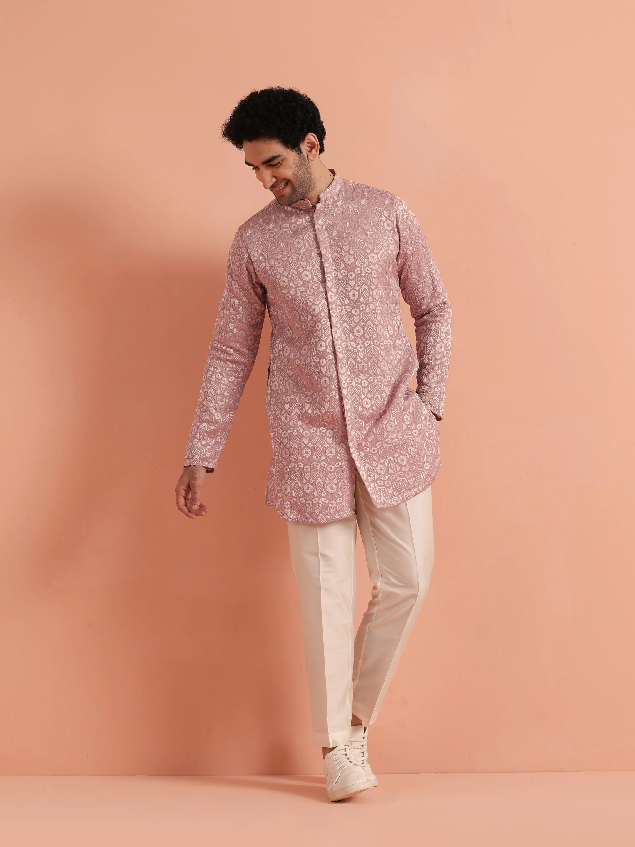 Pink Jacquard Silk Blend Mid Kurta - Image 7