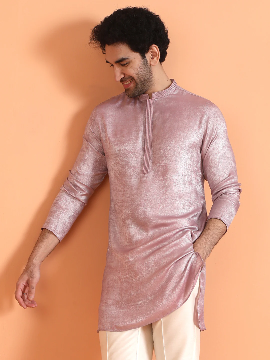 Pink Metallic Textured Cotton Silk Kurta