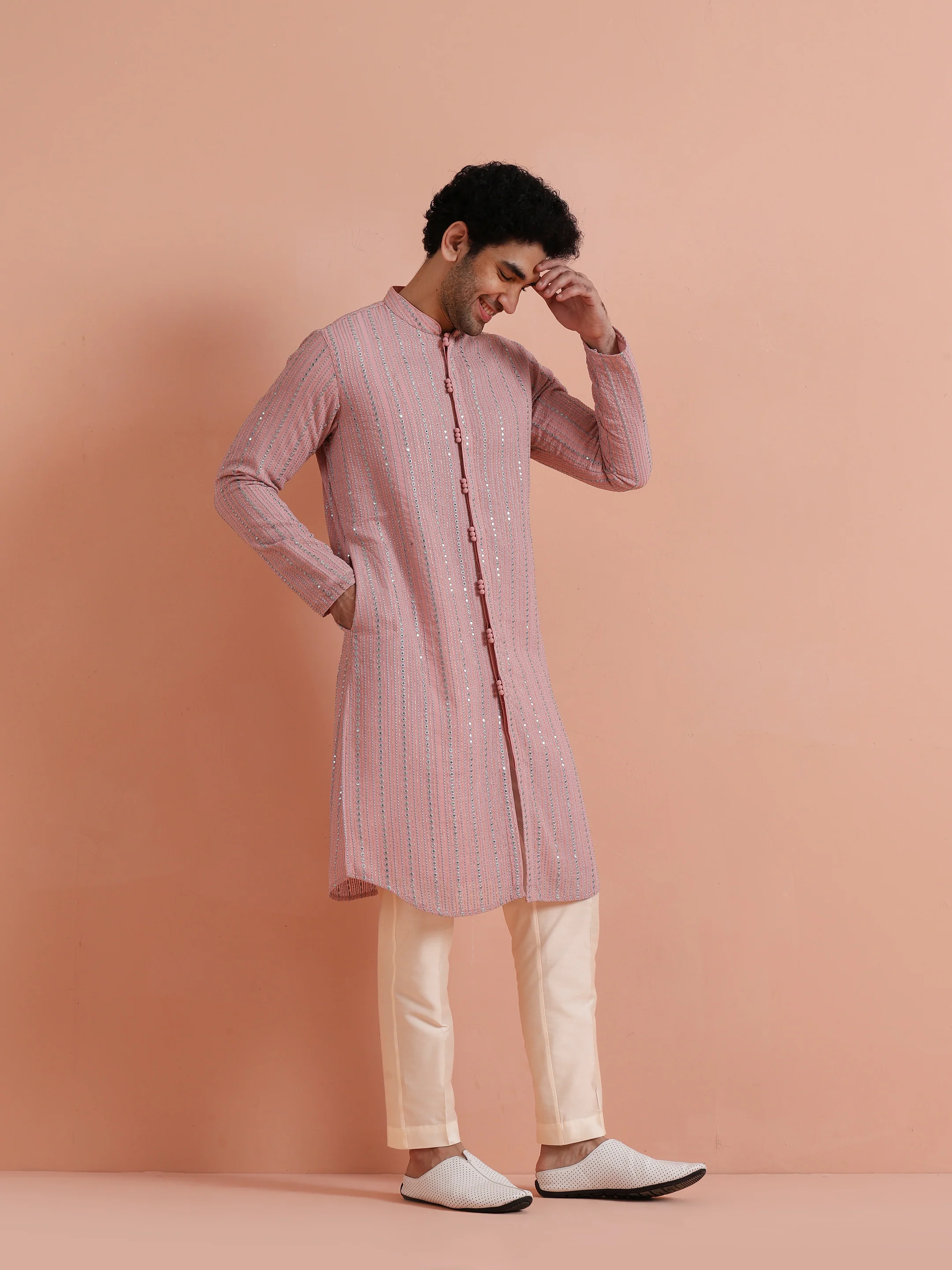Pink Mirror Work Kurta Trouser Set - Image 3