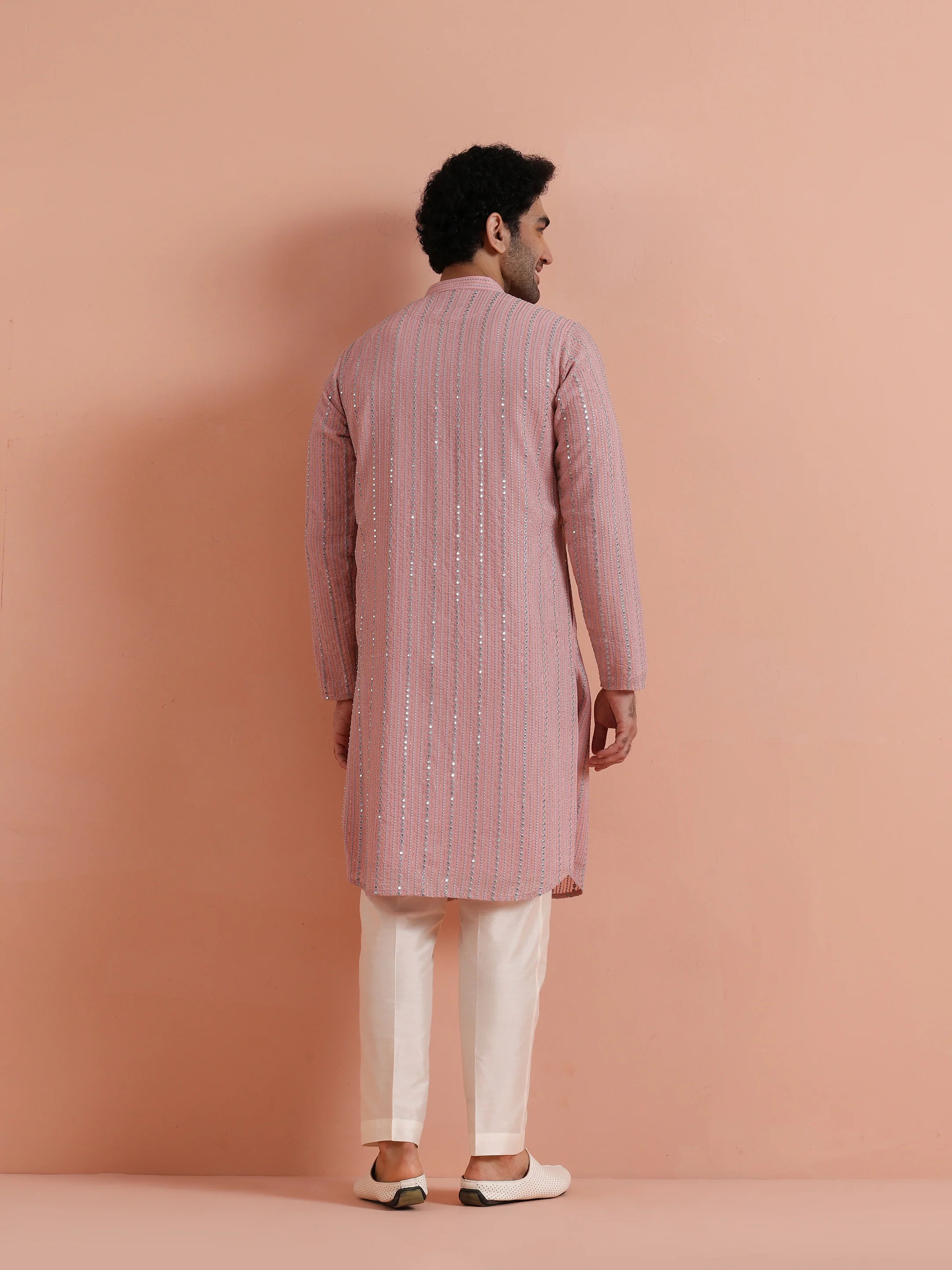 Pink Mirror Work Kurta Trouser Set - Image 4