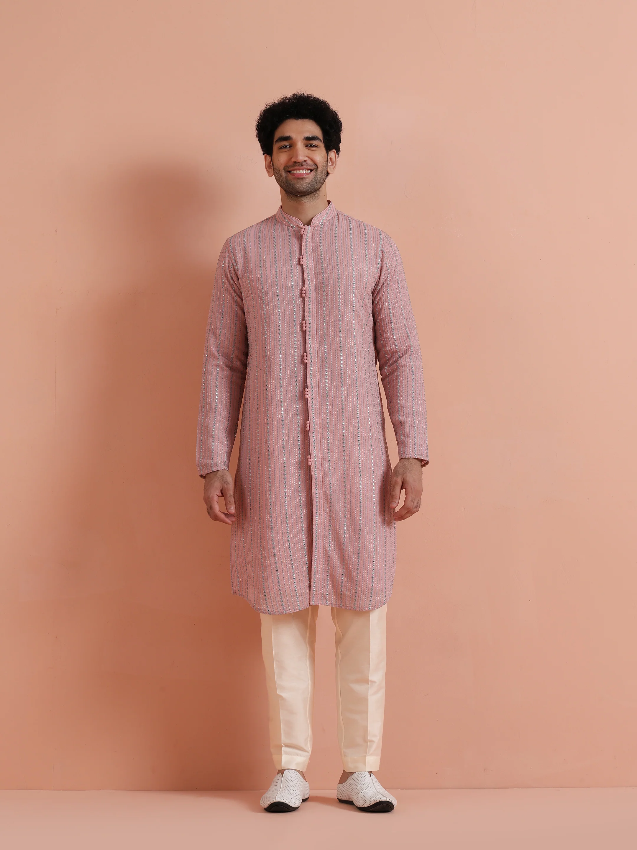 Pink Mirror Work Kurta Trouser Set - Image 8