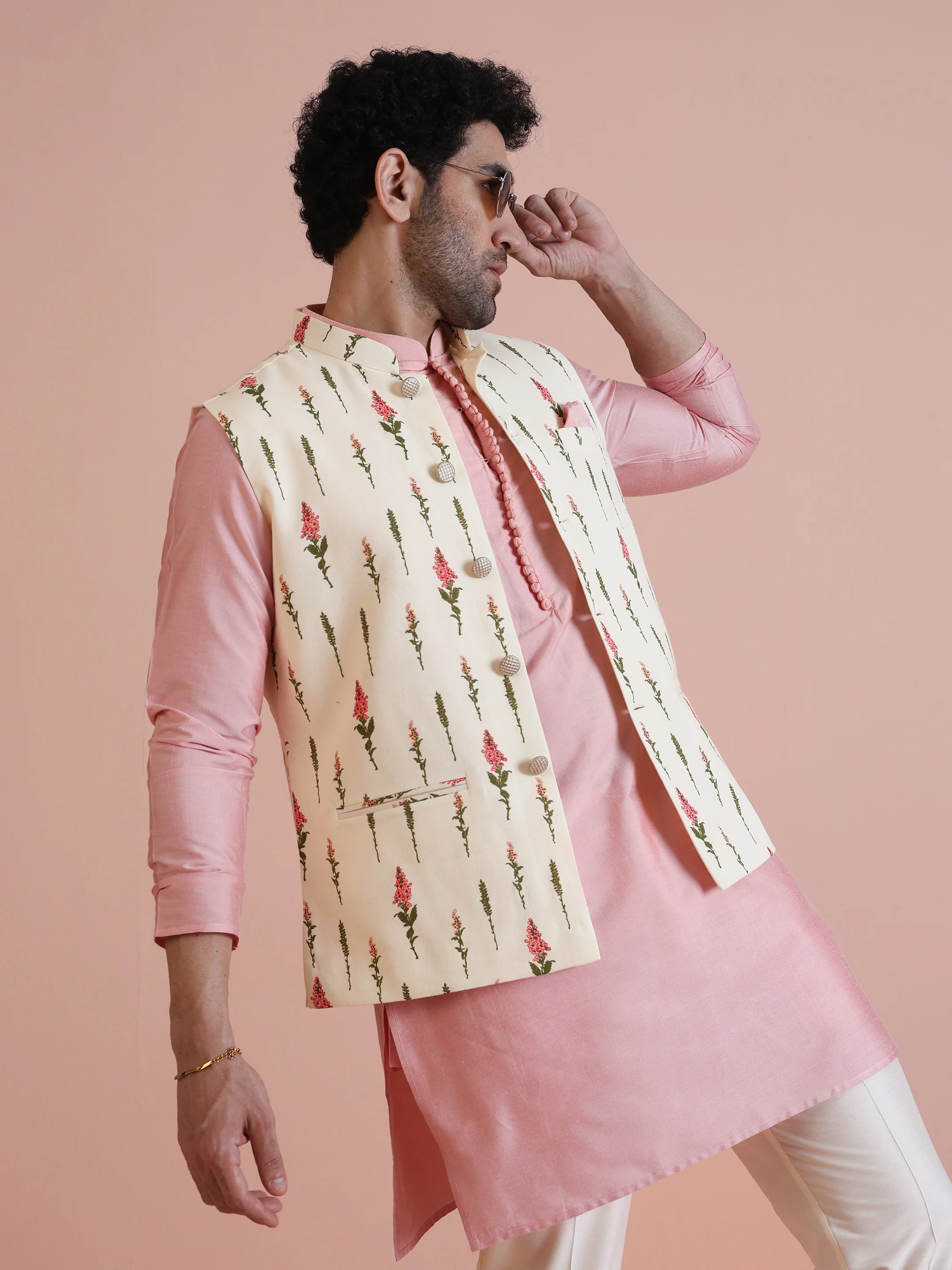 Pink Printed Cotton Blend Kurta Jacket Set - Image 9