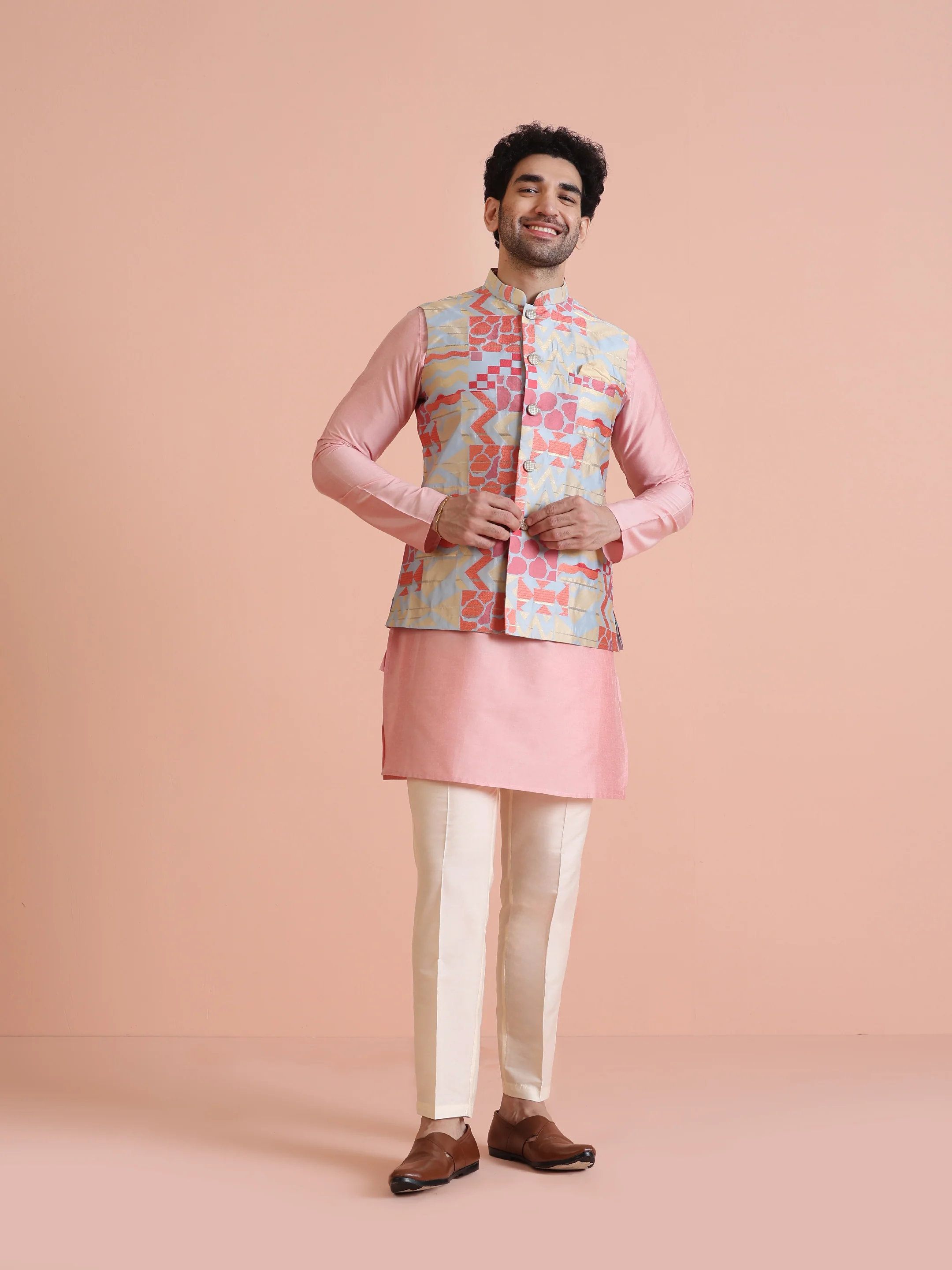 Pink Printed Cotton Blend Kurta Jacket Set