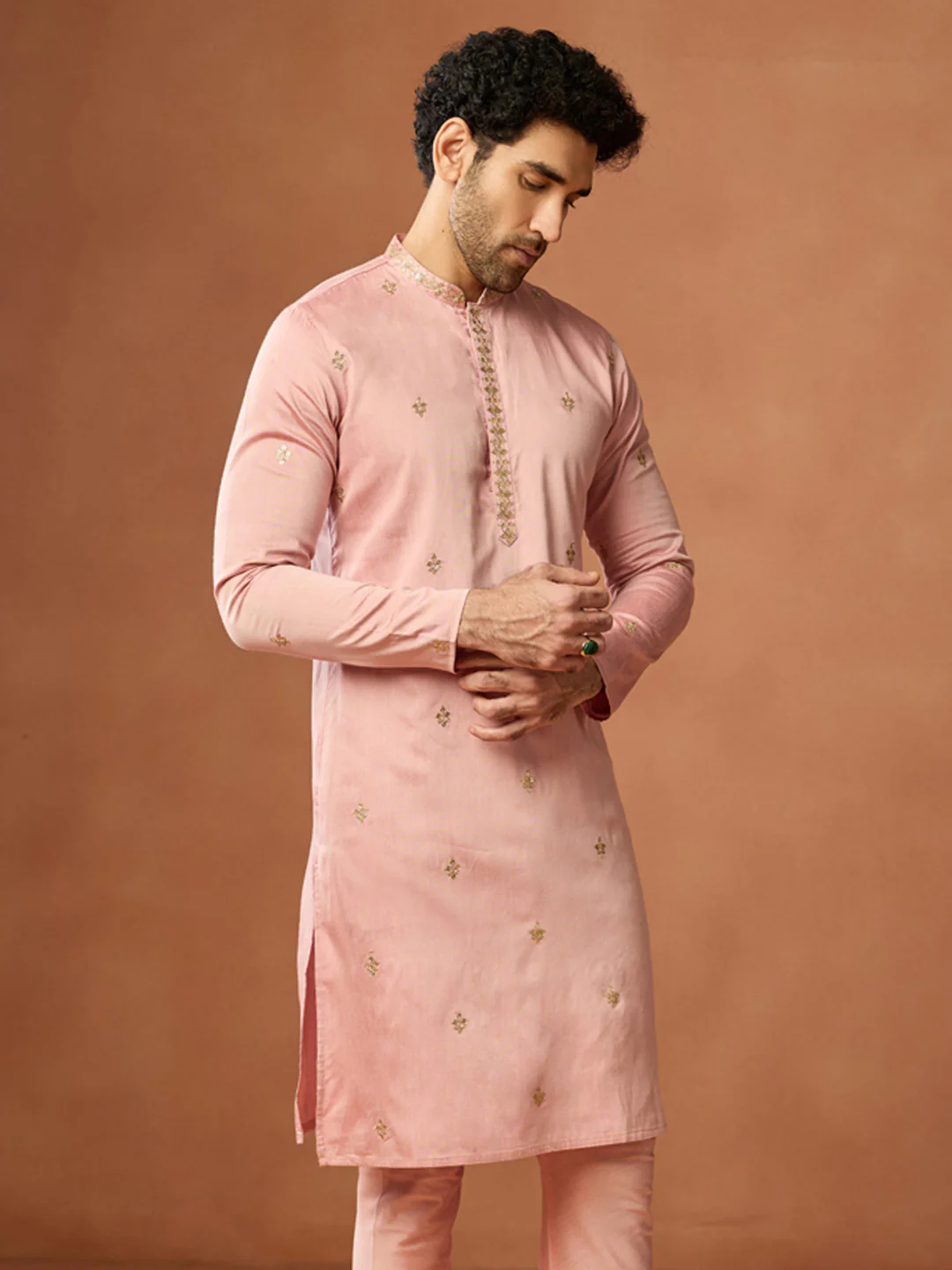 Pink Silk Blend Embroidered Kurta Churidar Set - Image 8