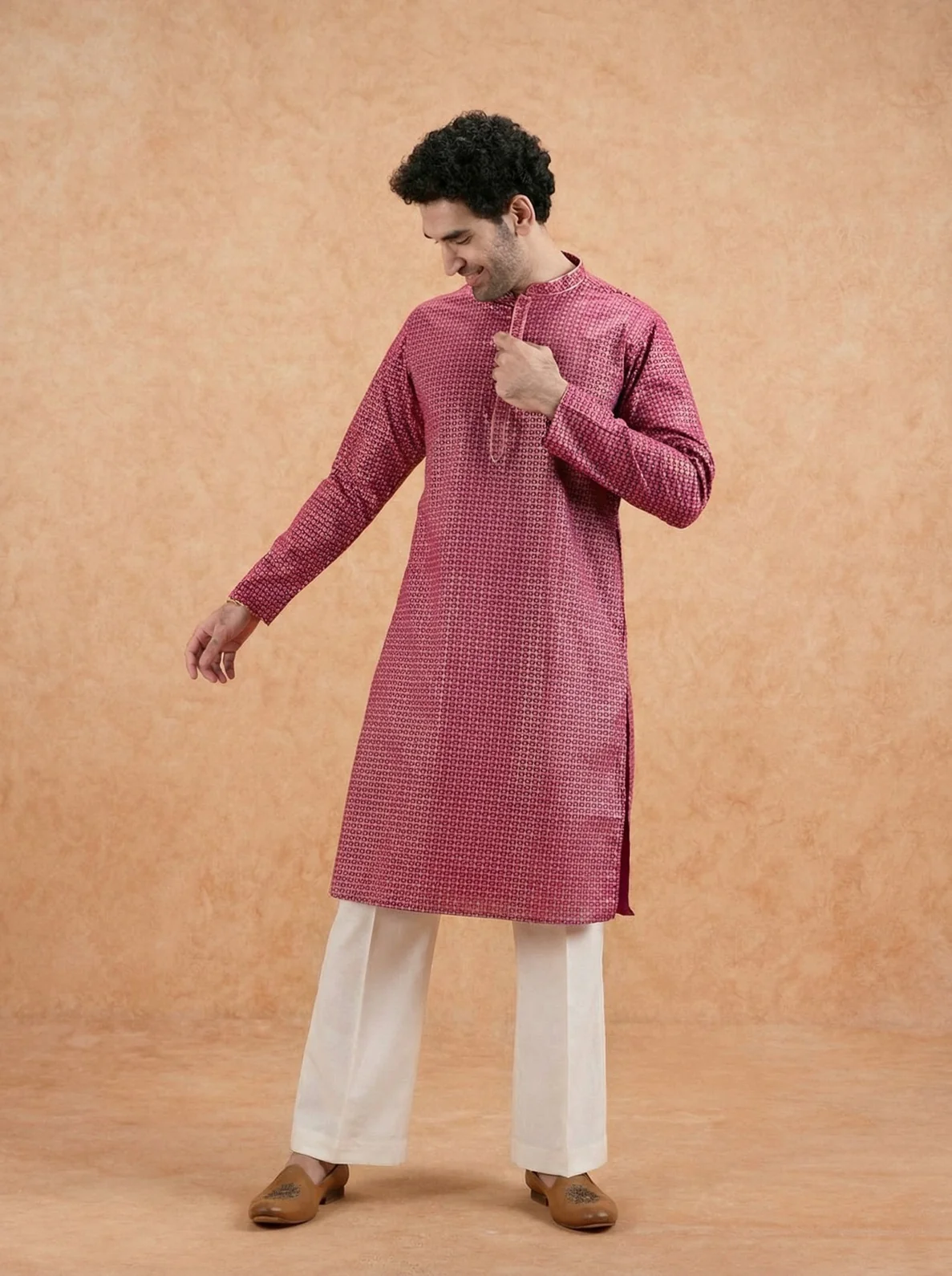 Pink Silk Blend Printed Kurta Wide Leg Trouser Set