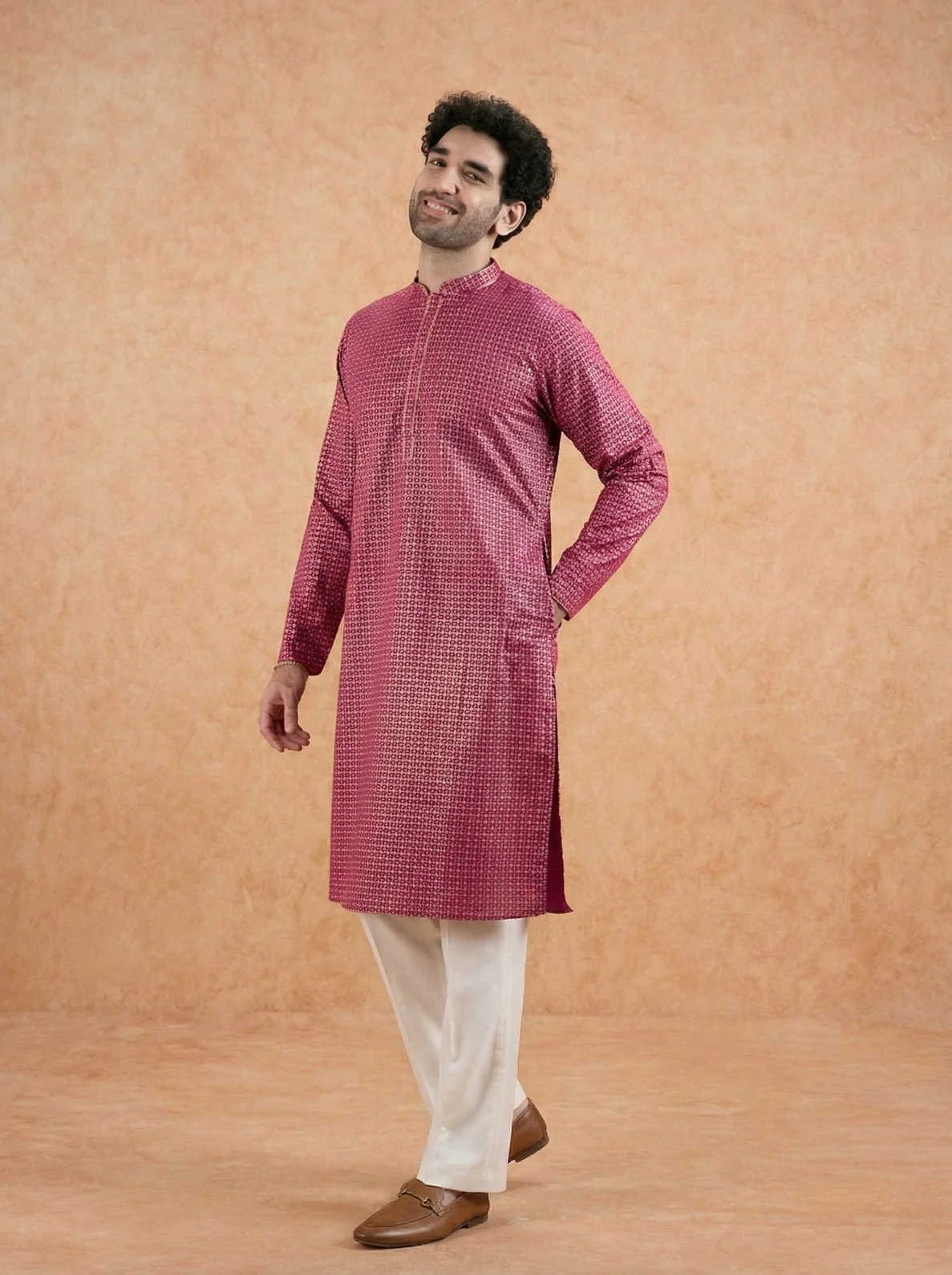 Pink Silk Blend Printed Kurta Wide Leg Trouser Set - Image 2