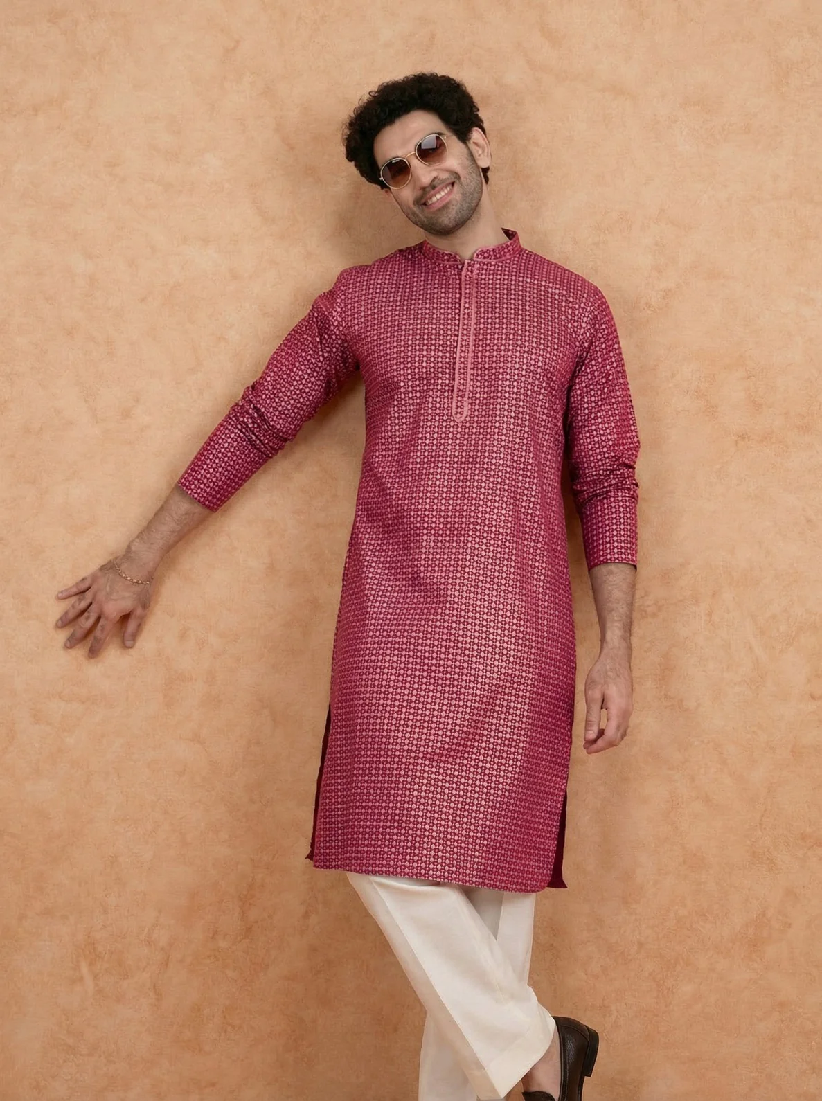 Pink Silk Blend Printed Kurta Wide Leg Trouser Set - Image 6
