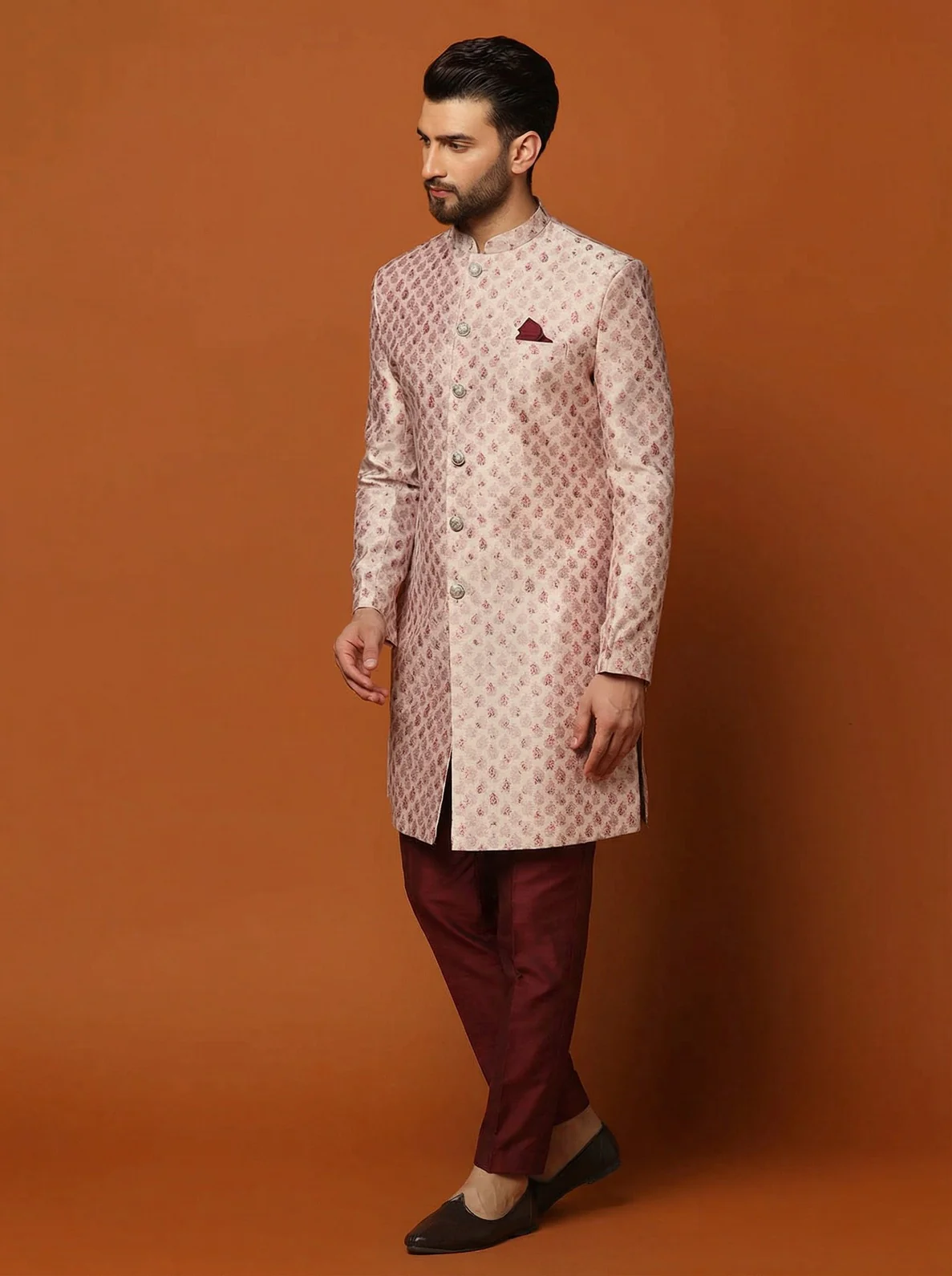 Pink Silk Blend Textured Sherwani Trouser Set