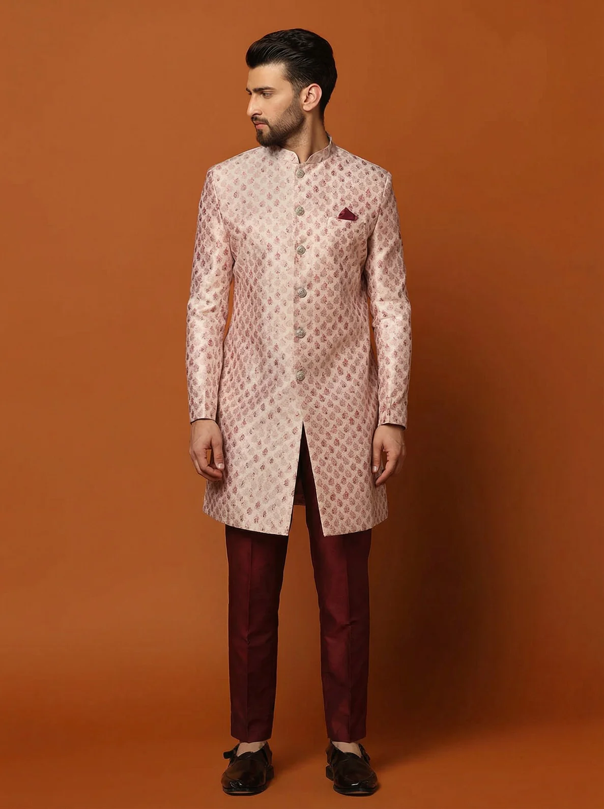 Pink Silk Blend Textured Sherwani Trouser Set - Image 2
