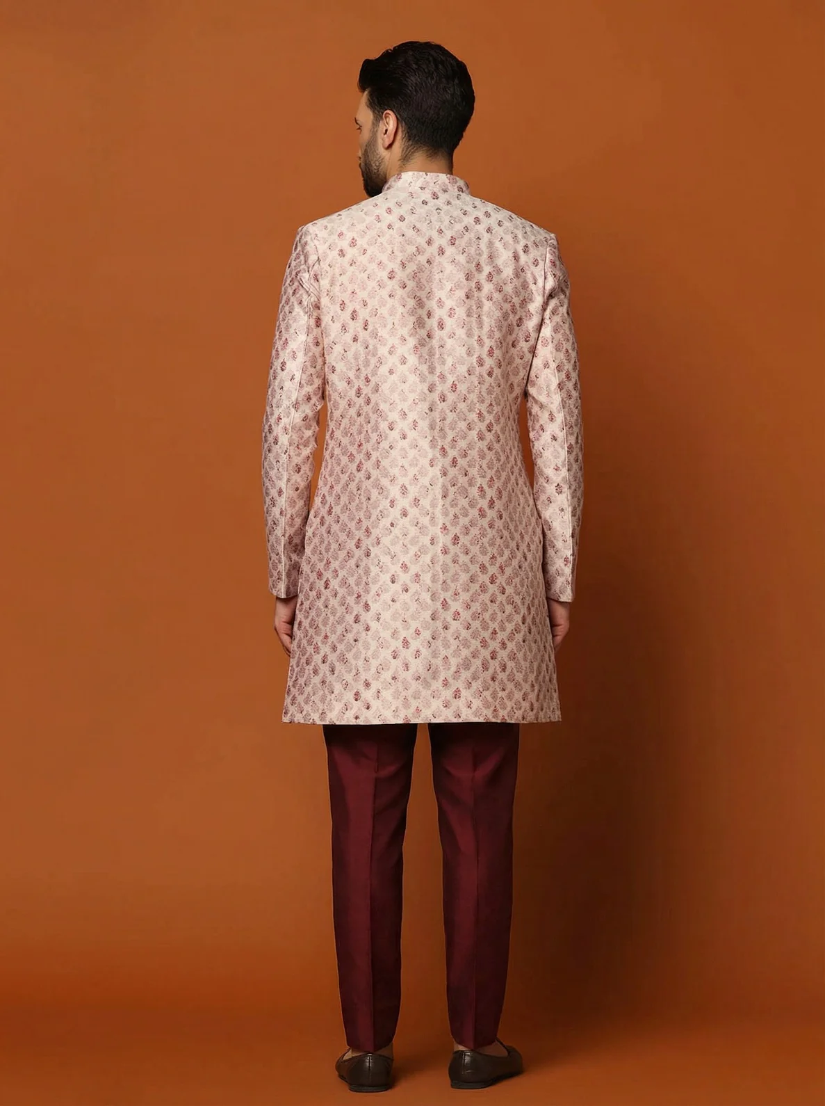 Pink Silk Blend Textured Sherwani Trouser Set - Image 3