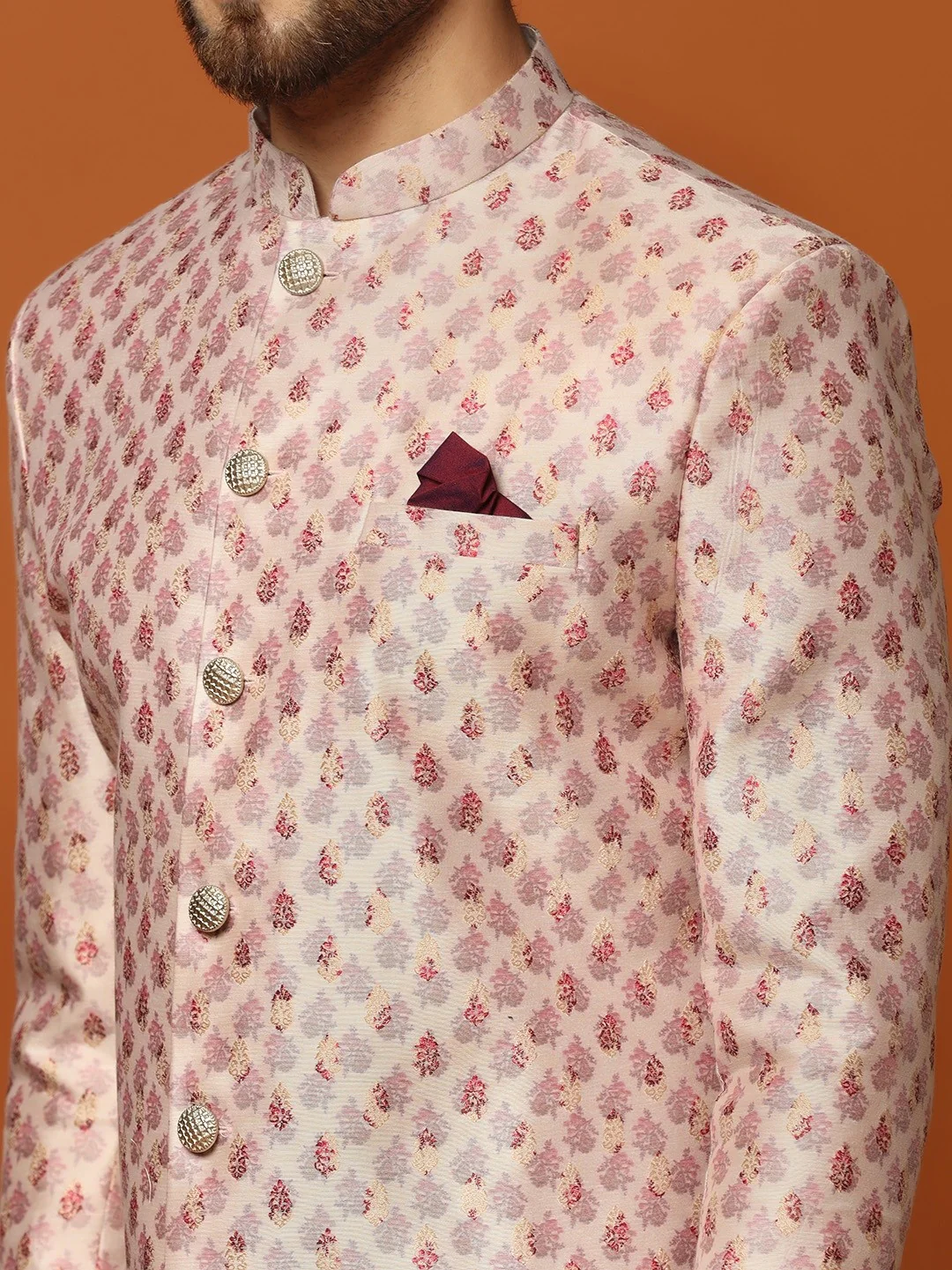 Pink Silk Blend Textured Sherwani Trouser Set - Image 4