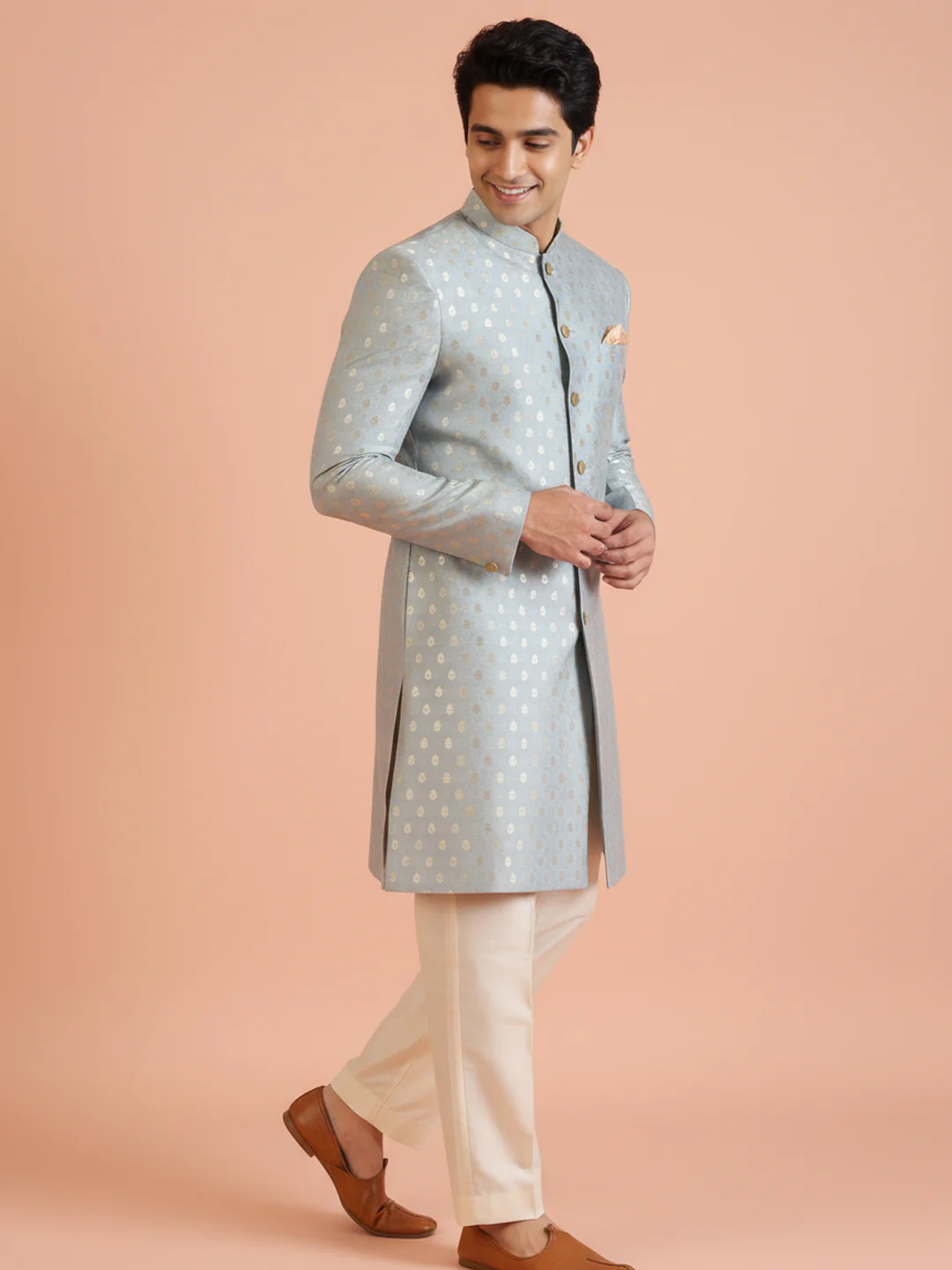 Powder Blue Brocade Sherwani Trouser Set
