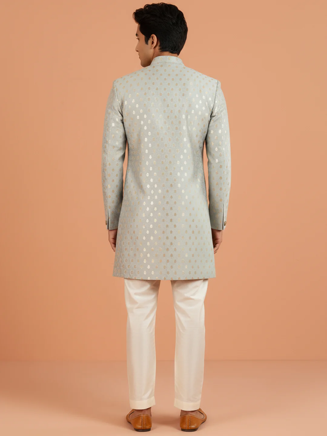 Powder Blue Brocade Sherwani Trouser Set - Image 3