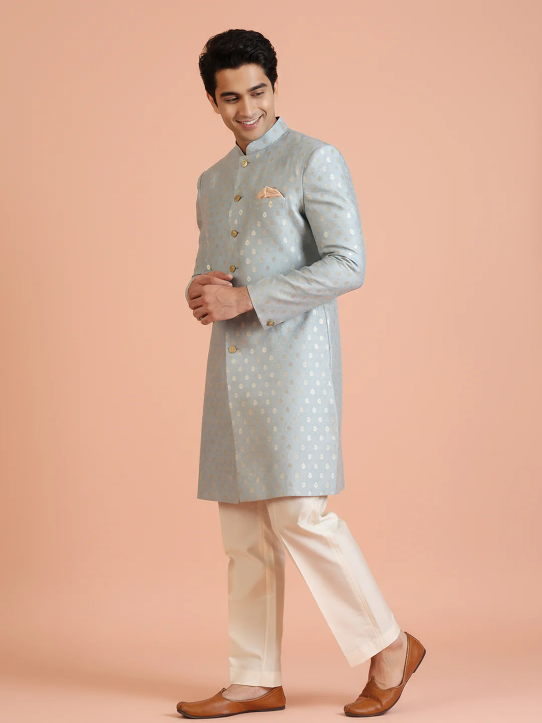 Powder Blue Brocade Sherwani Trouser Set - Image 6