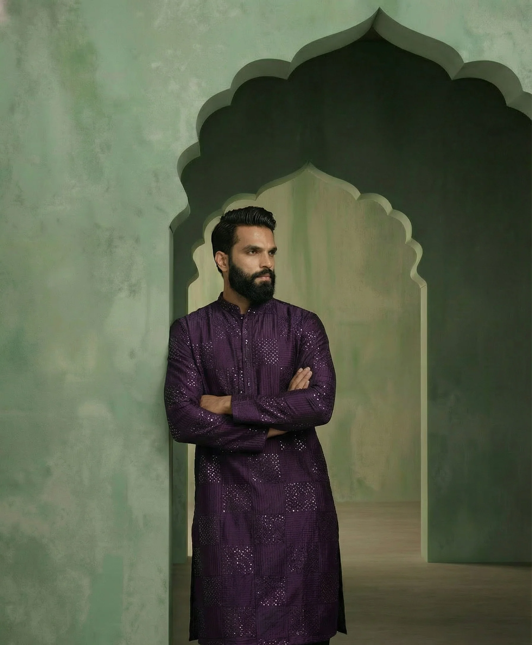 Purple Art Silk Textured Long Kurta