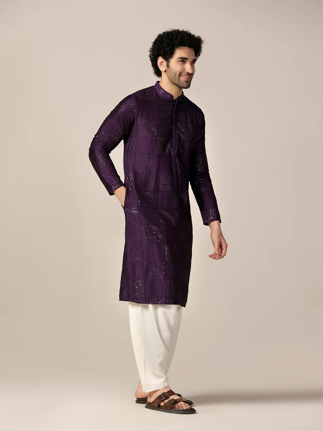 Purple Art Silk Textured Long Kurta - Image 2
