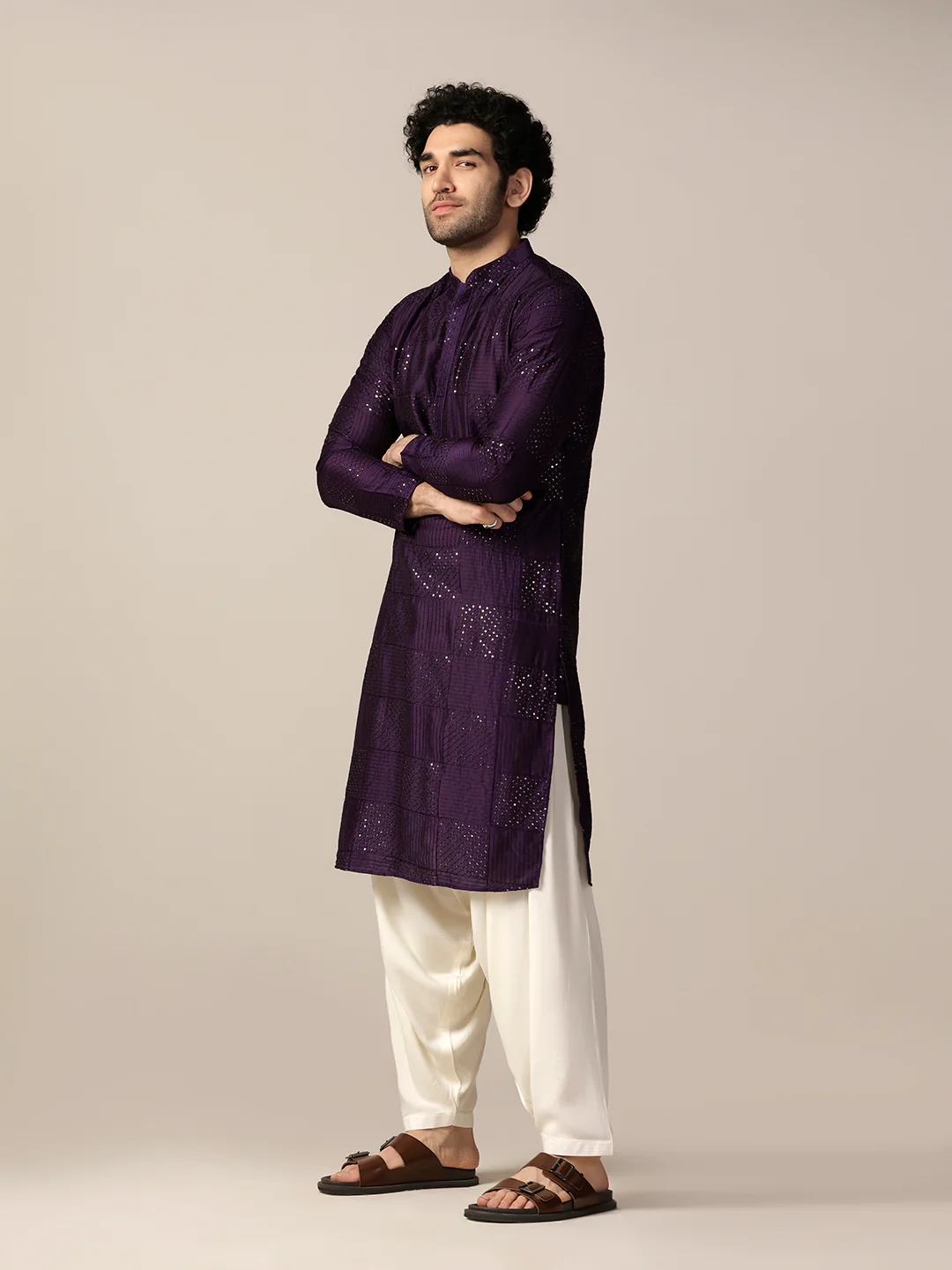 Purple Art Silk Textured Long Kurta - Image 3
