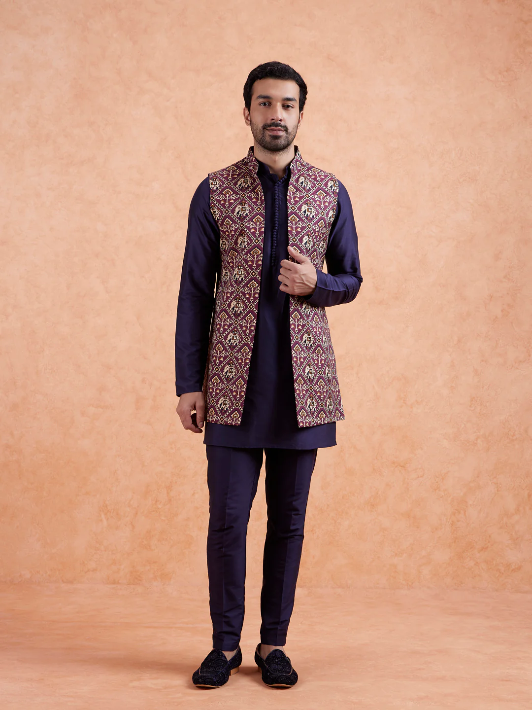 Maroon Ikat Front Open Jacket Kurta Set