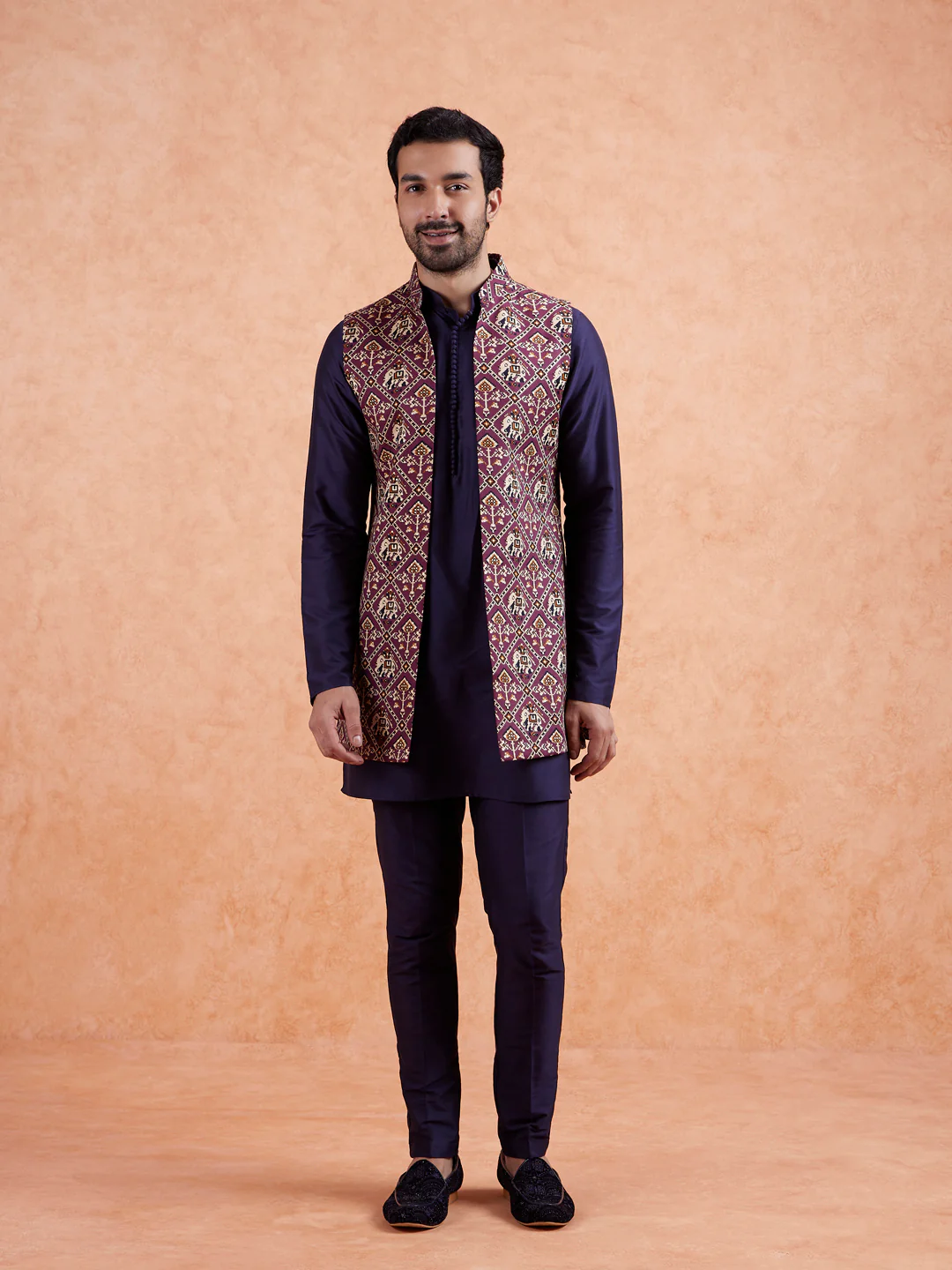 Maroon Ikat Front Open Jacket Kurta Set - Image 10