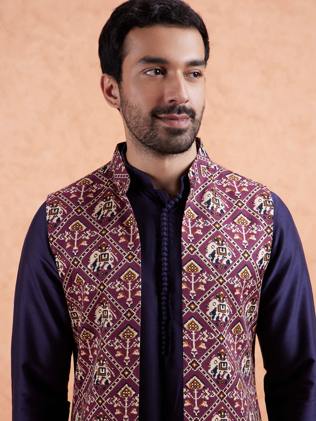 Maroon Ikat Front Open Jacket Kurta Set - Image 6