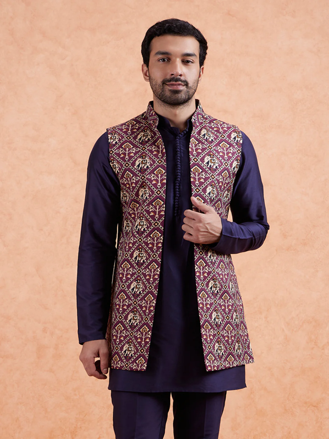 Maroon Ikat Front Open Jacket Kurta Set - Image 9
