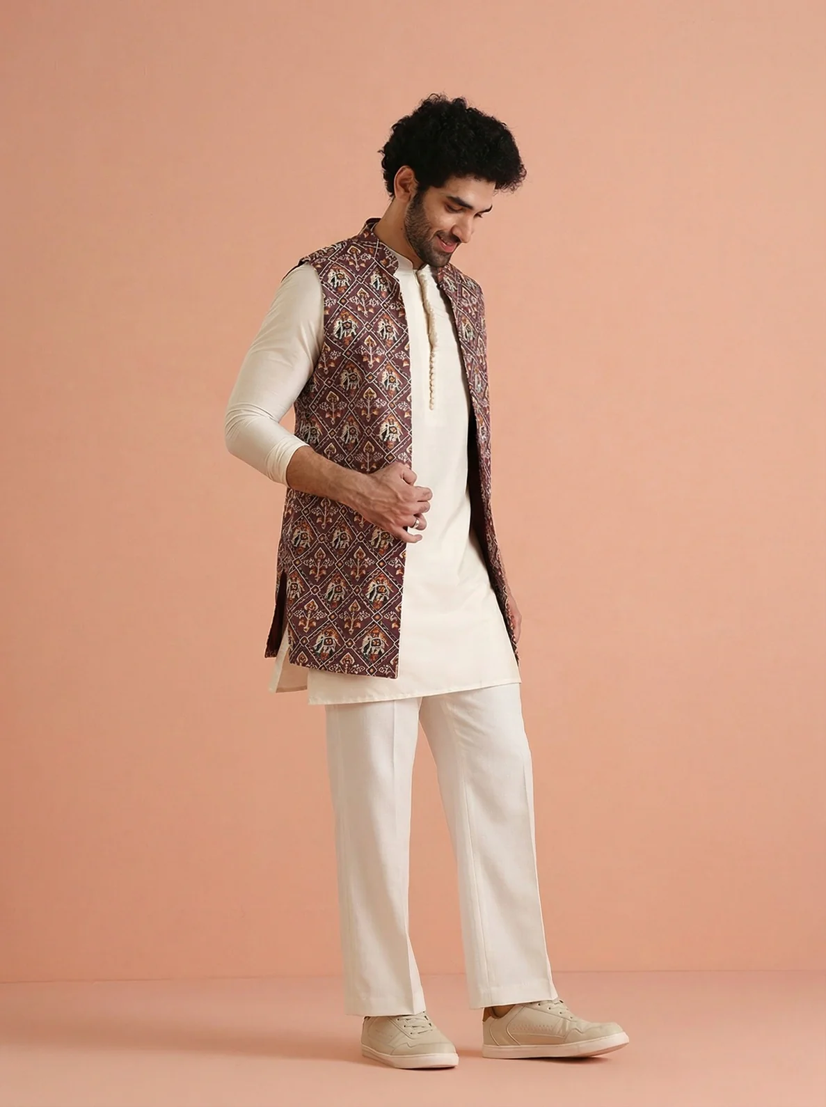 Purple Cotton Blend Printed Mid Kurta Front Open Jacket Wide Leg Trouser Set - Image 6